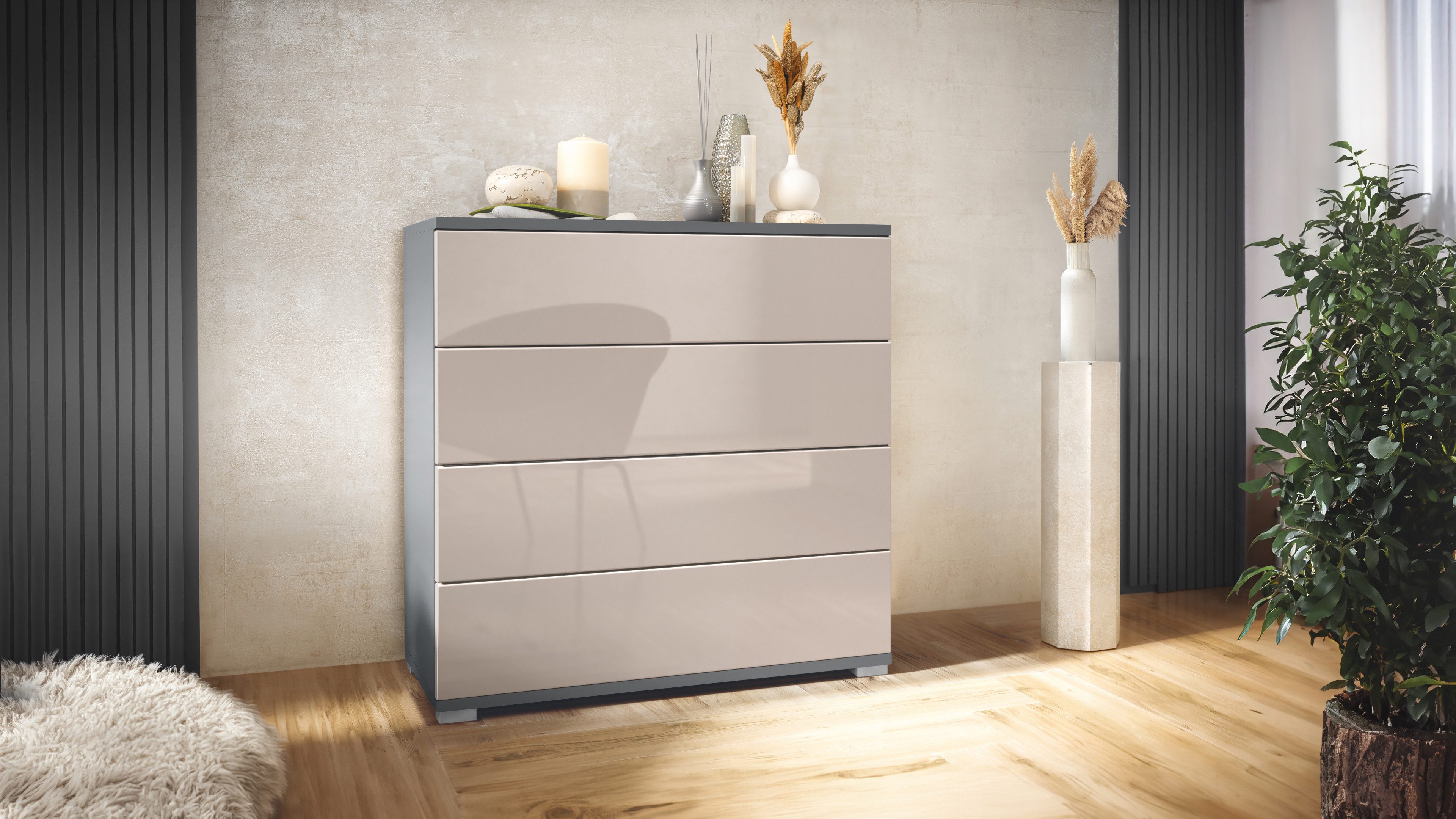 Vladon Kommode Pavos V3 (Sideboard, mit 4 Schubladen), Anthrazit matt/Sandgrau Hochglanz (76 x 76 x 35 cm)