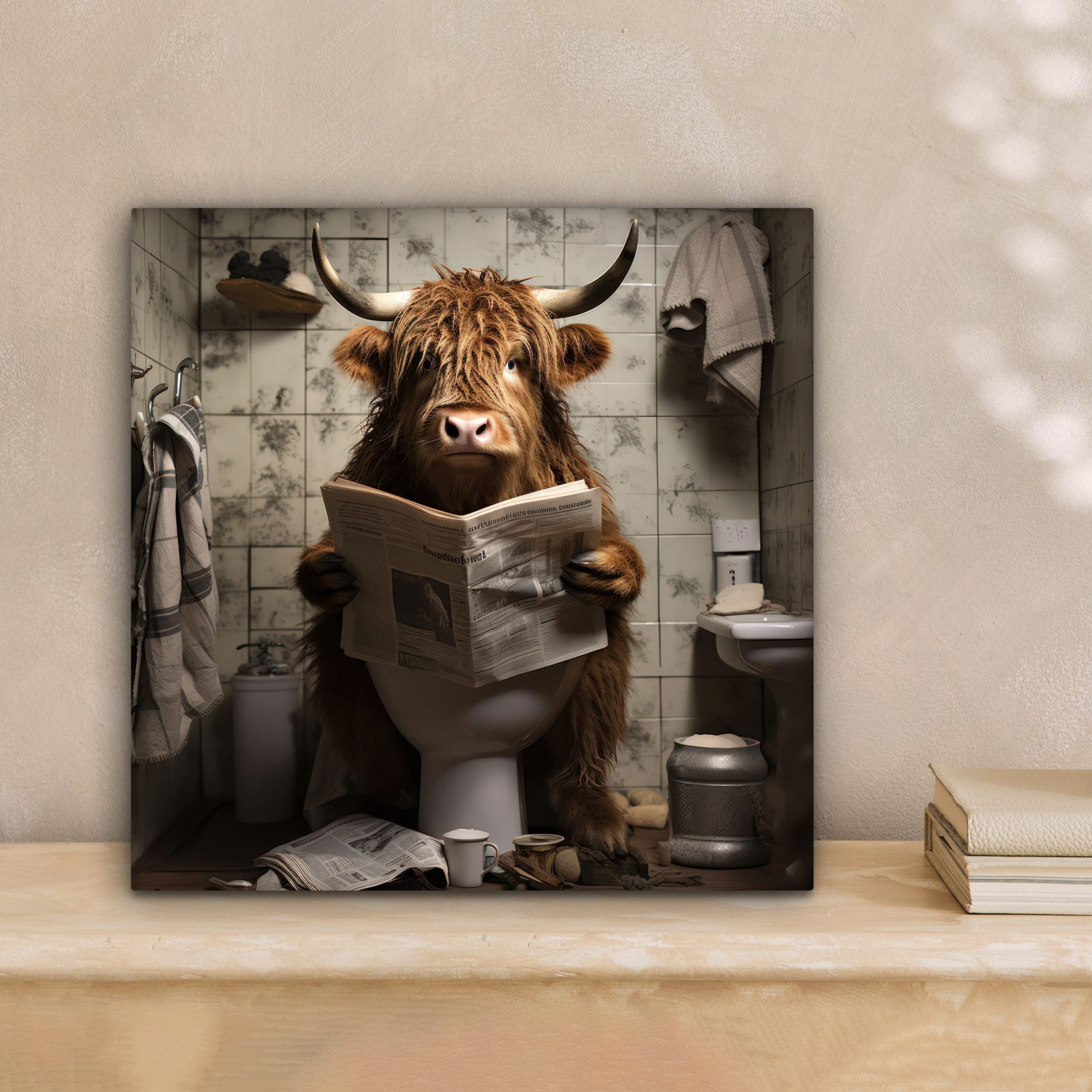 OneMillionCanvasses® Leinwandbild Scotch highlander - Toilette - Zeitung - günstig online kaufen