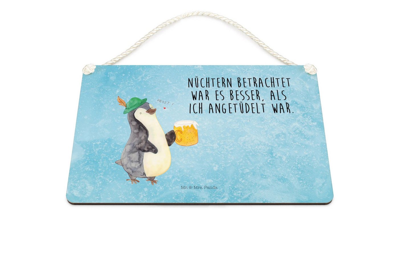 Thumbnail - Mr. & Mrs. Panda Hinweisschild Pinguin Bier DIN A5 - Eisblau - Geschenk, Pinguine, Dekoschild Klein, (Packung, 1 St., Pi...