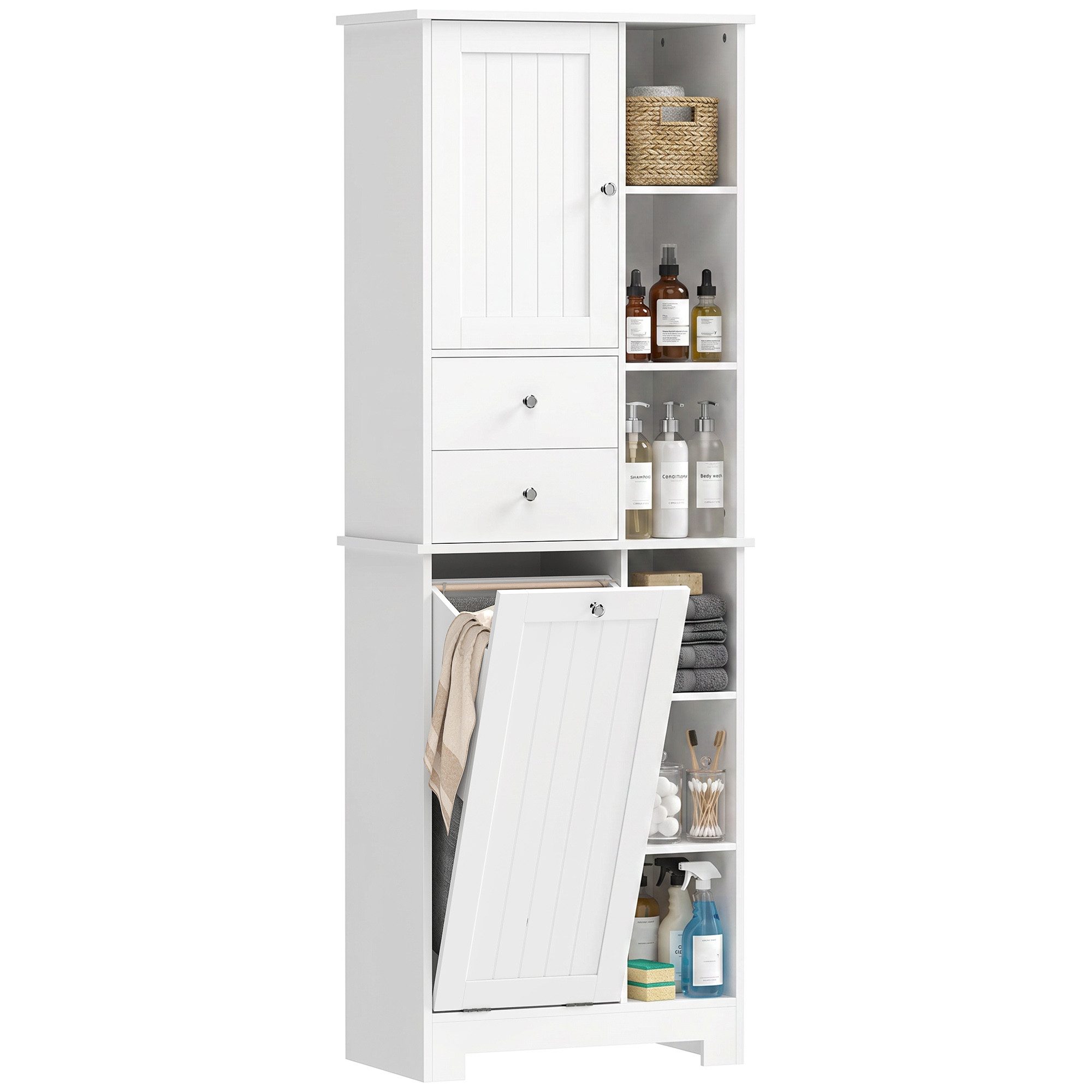 HOMCOM Badkommode Badezimmerschrank Hochschrank mit 2 Schubladen (Set, 1 St., Badschrank), Wäschekorb, Soft-Close, schmal – Bild 2 von 5