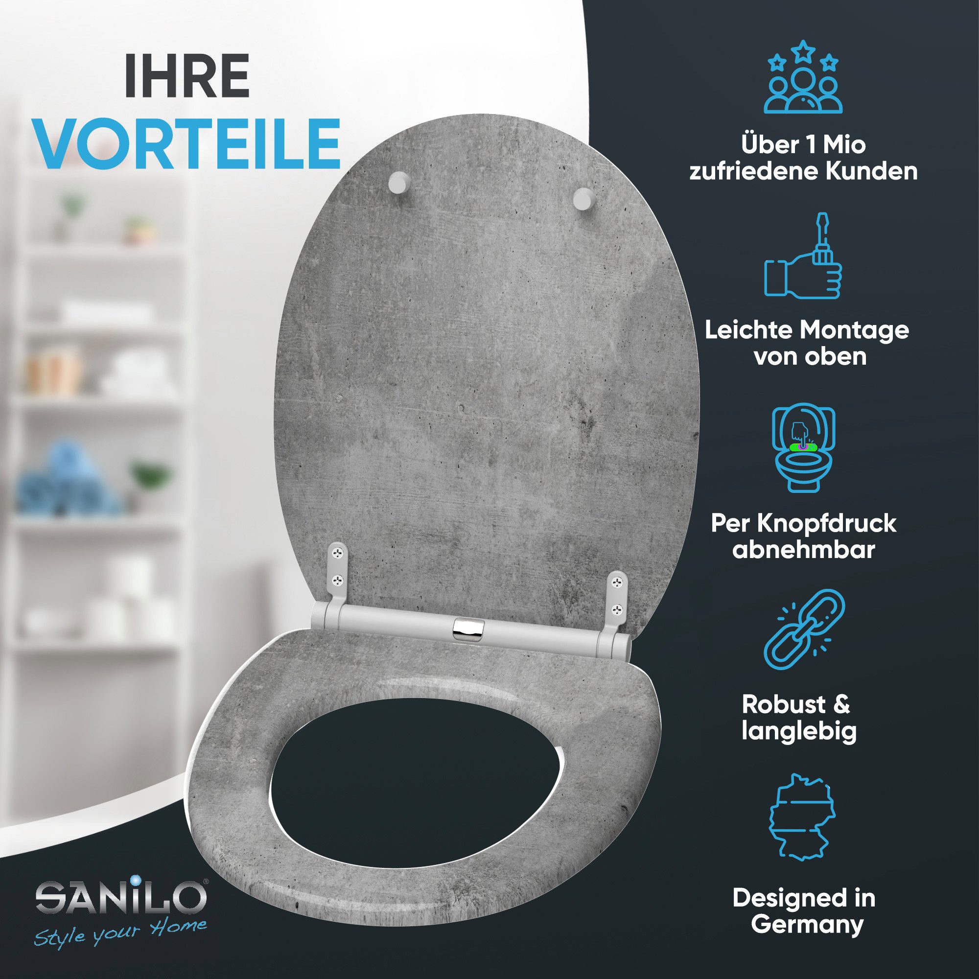 Sanilo WC-Sitz Beton mit Absenkautomatik & Quick Release, Premium Toilettendeckel, abnehmbar, leichte Montage von oben