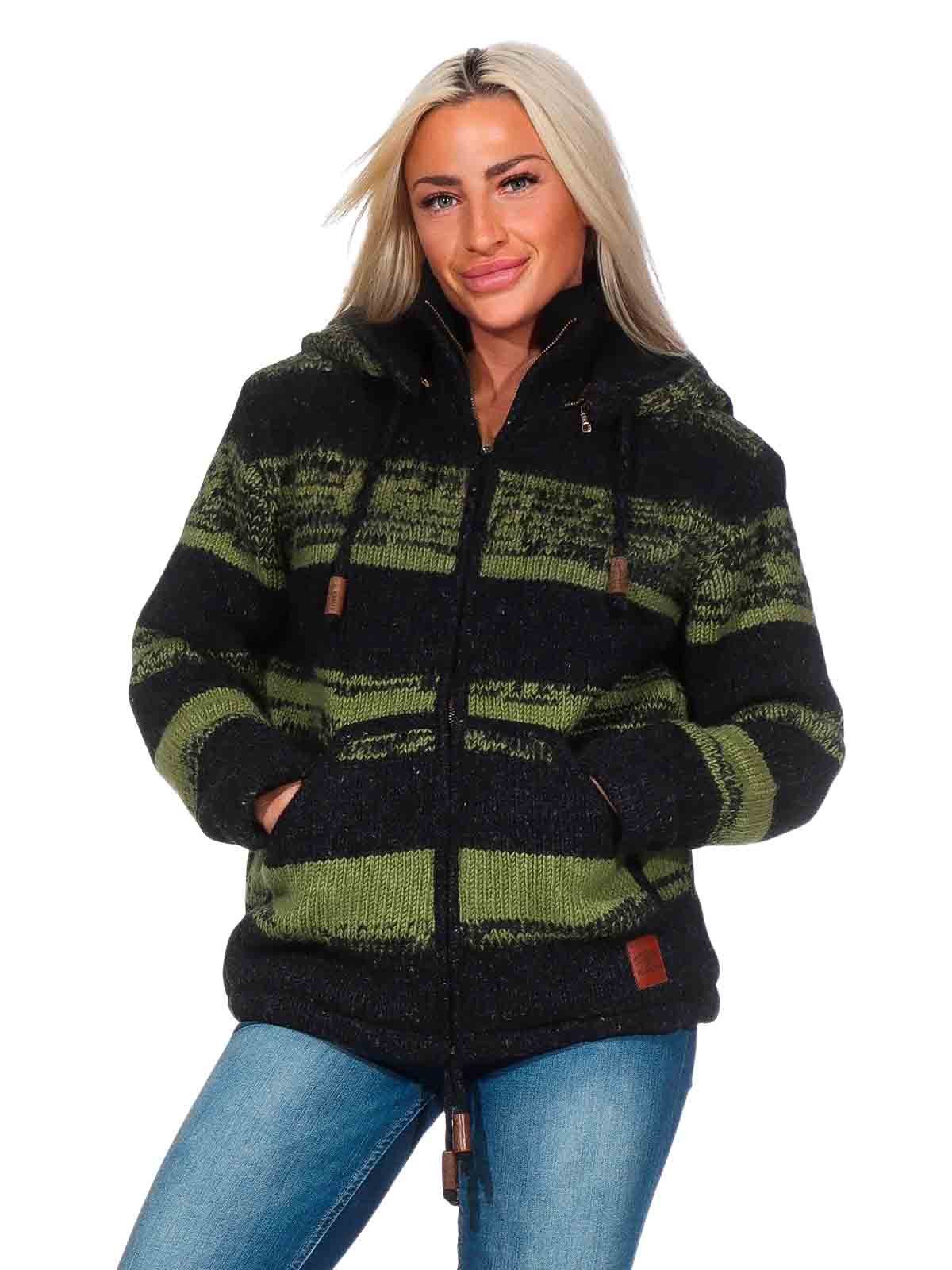 KUNST UND MAGIE Kapuzenstrickjacke Strickjacke Wolle Bunte Patchwork Jacke Fleecefutter abnehmbare Kapuze