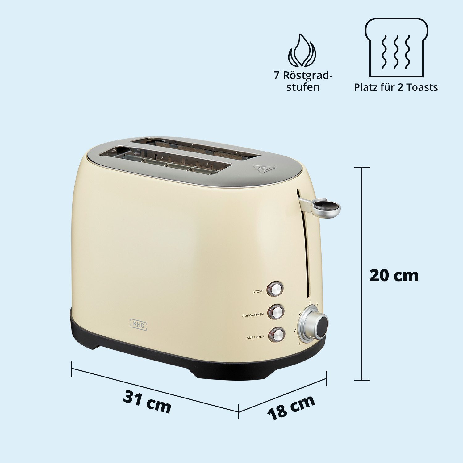 KHG Toaster Creme, Auftau- und Aufwärmfunktion, 7 stufenlose Bräunungsstufen, 2 kurze Schlitze, für 2 Scheiben, 800 W, Edelstahl, Brötchenaufsatz, Krümelschublade