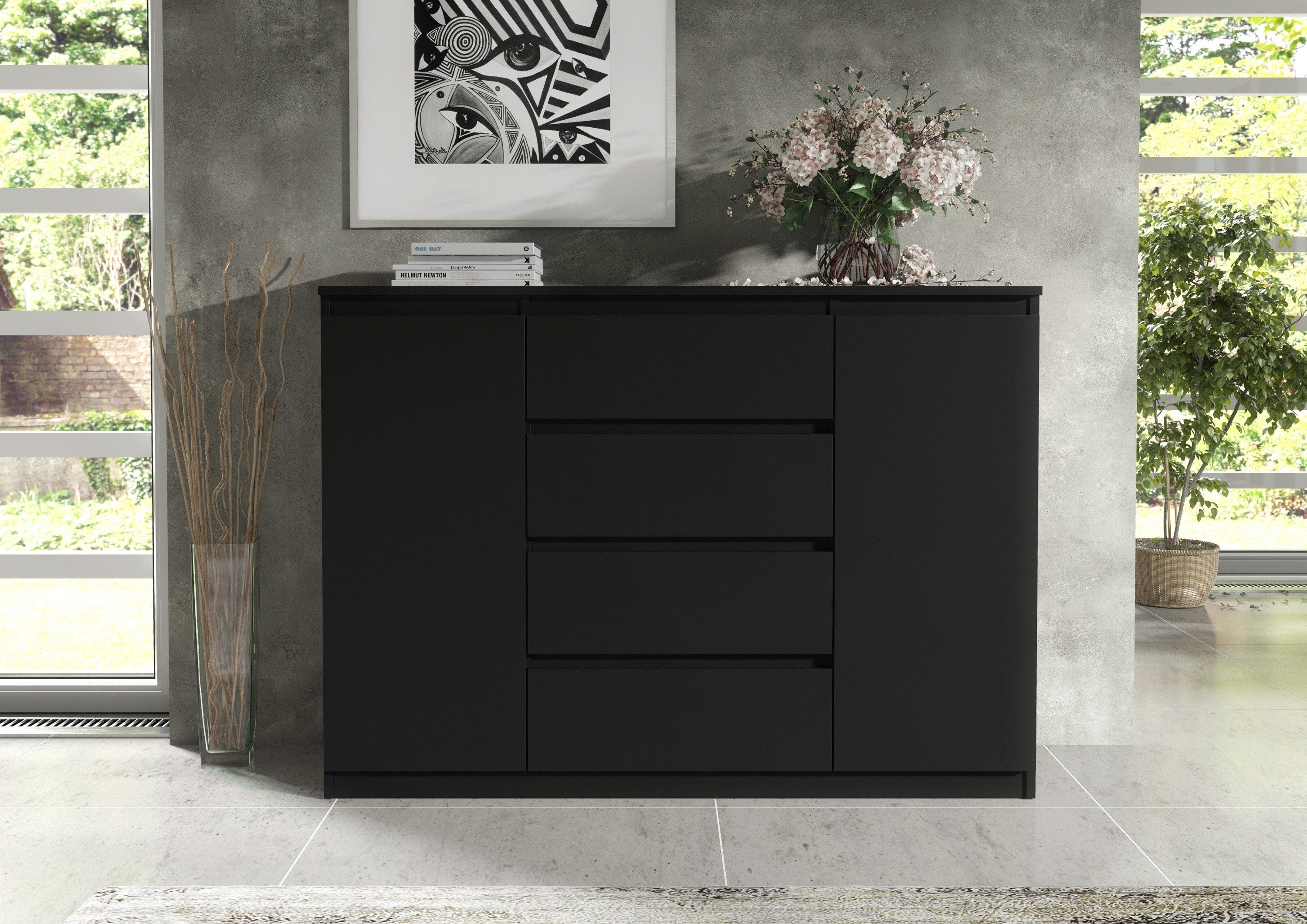 Raumhirsch Furniture Kommode, Sideboard, Kommode für das Schlafzimmer - Wohnzimmer (Maße: 138,5 × 39 × 101,5 cm, 2 Türen, 4 Schubladen, Rollenschienen), viele Farbvarianten - Hochwertig & stabil