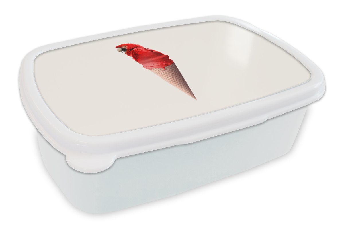 MuchoWow Lunchbox Eiscreme - Papagei - Rot - Eistüten - Weiß, Kunststoff, (2-tlg), Brotbox für Kinder und Erwachsene, Brotdose, für Jungs und Mädchen
