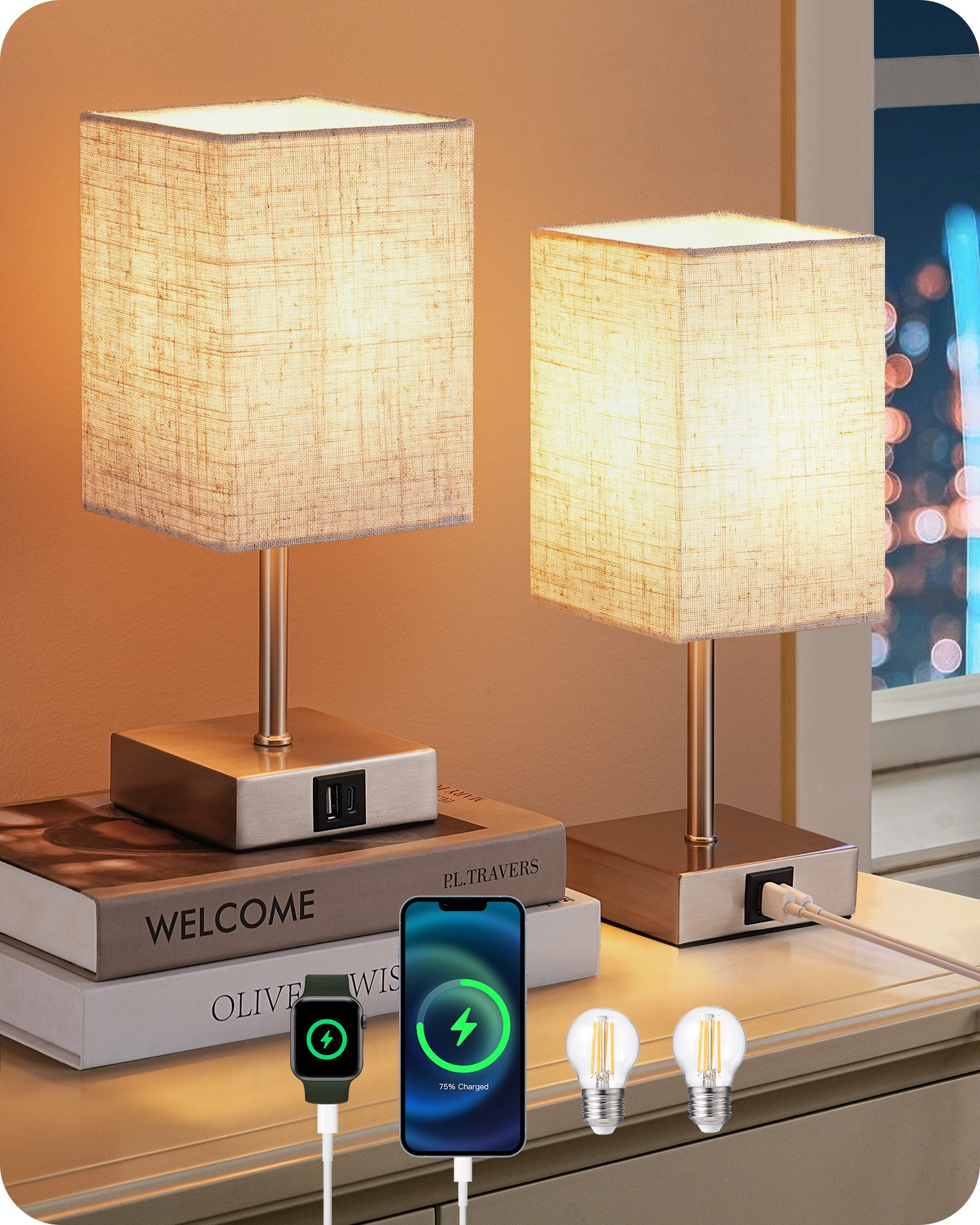 EDISHINE LED Nachttischlampe Touch Dimmbar, 2er-Set Tischleuchten mit USB, günstig online kaufen