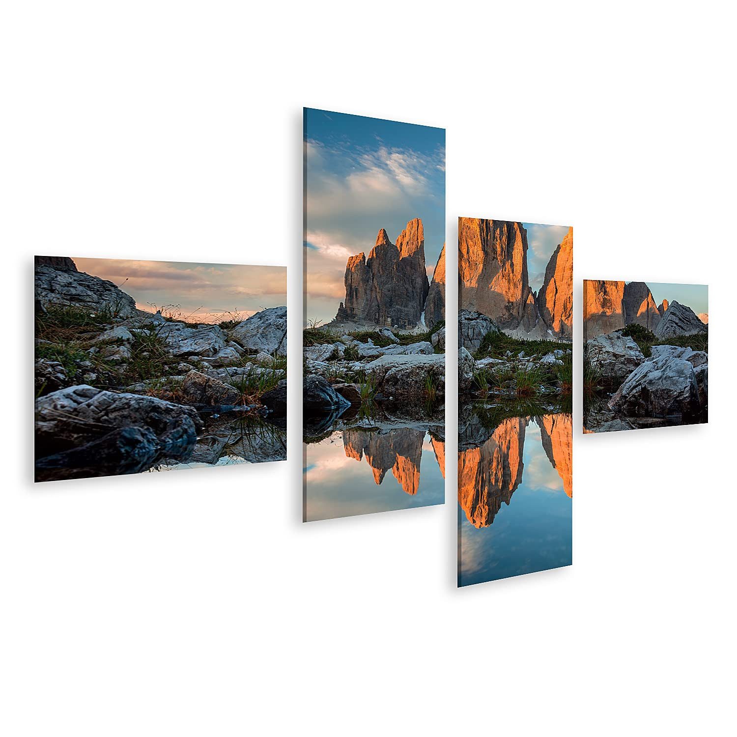 islandburner Leinwandbild TRE Cime Di Lavaredo See Sonnenuntergang Dolomit DREI Zinnen - 4 Teile