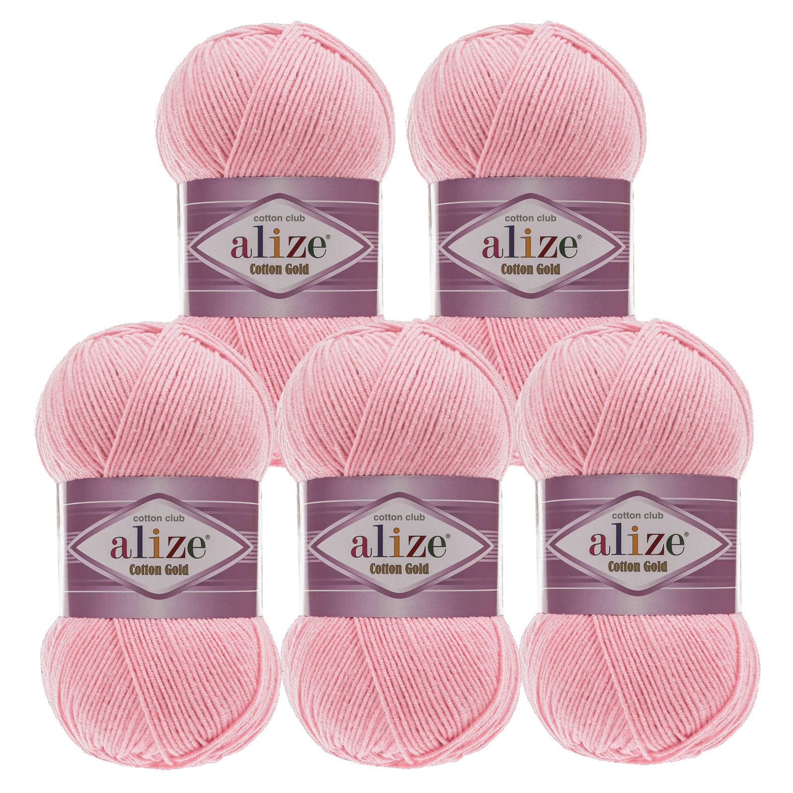 Alize 5 x 100g Strickgarn Alize Cotton Gold Uni Klassikgarn Häkelgarn Häkelwolle, 1650 m, 518 flamingorosa