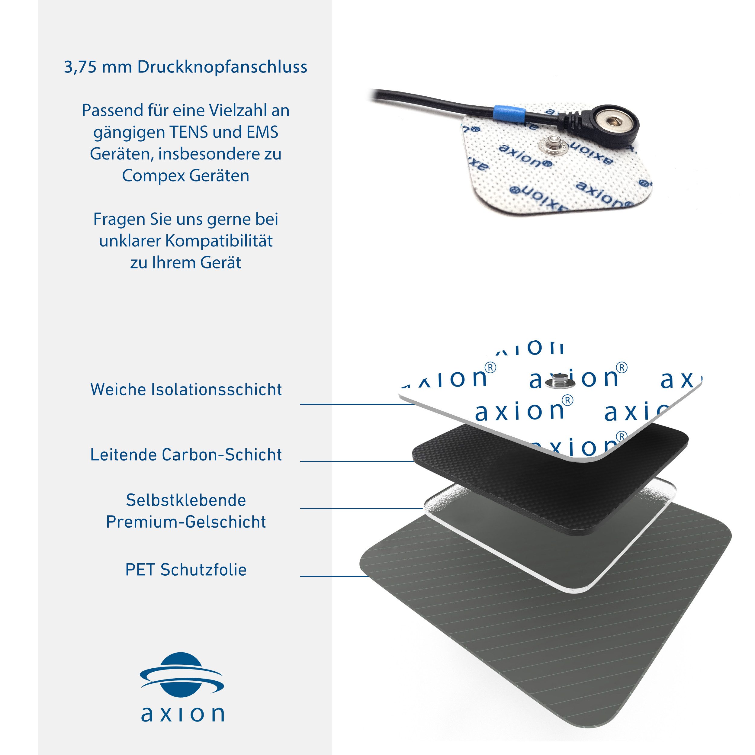 Axion Elektrodenpads TENS EMS selbstklebende GEL Elektroden 50 x 50 mm, Sparset 20 St.,3.75mm Druckknopfanschluss, kompatibel mit Compex