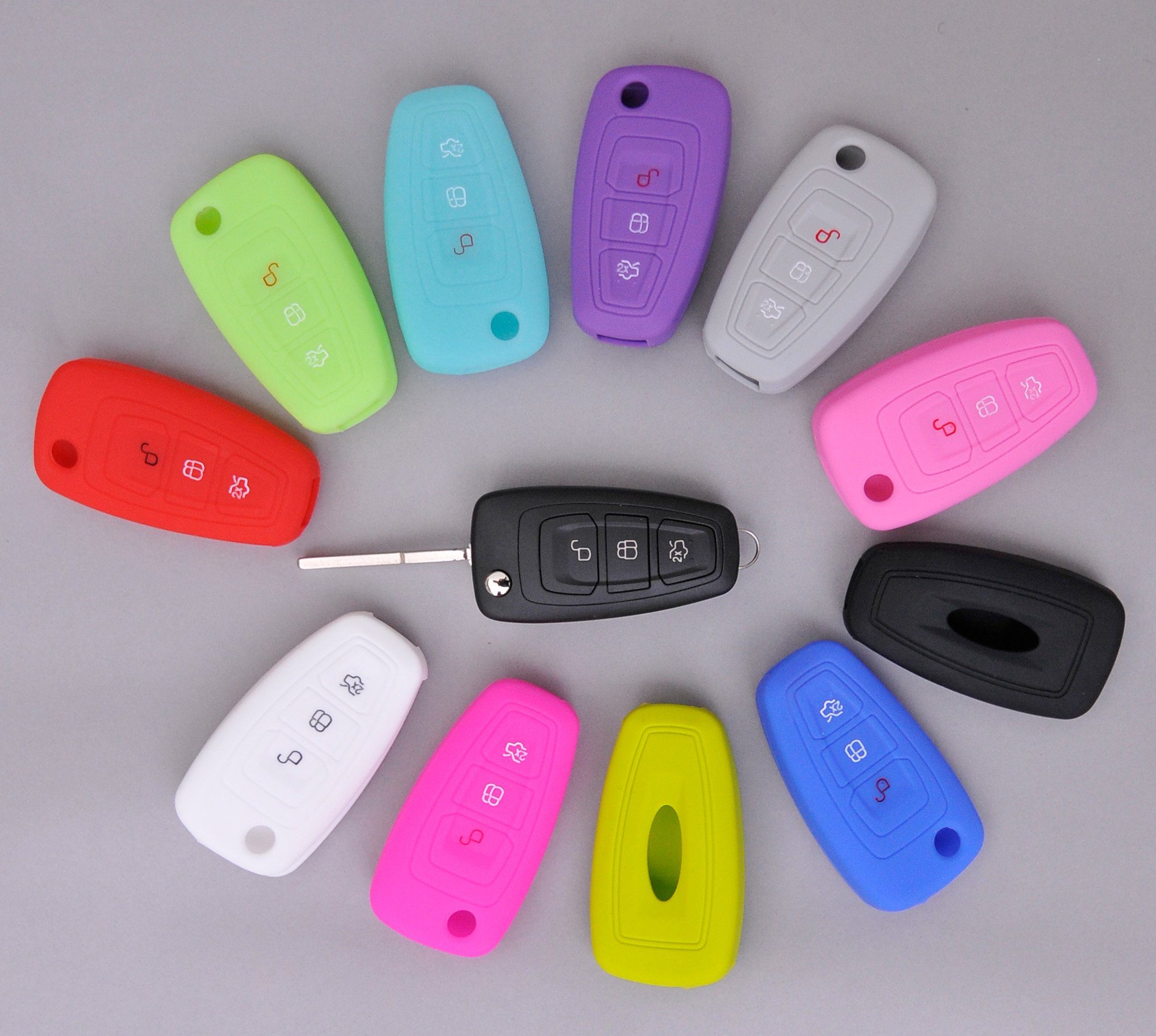 Schutzhülle Ford Klappschlüssel für S-Max Transit Fiesta Grün, fluoreszierend Schlüsseltasche Autoschlüssel mt-key 3 Silikon Focus Tasten Mondeo Softcase