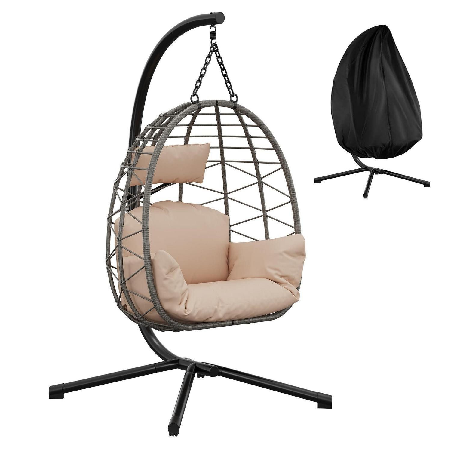 LuxusKollektion Hängesessel Hängesessel Metallgestell Rattan 150 kg belastbar Outdoor Beige