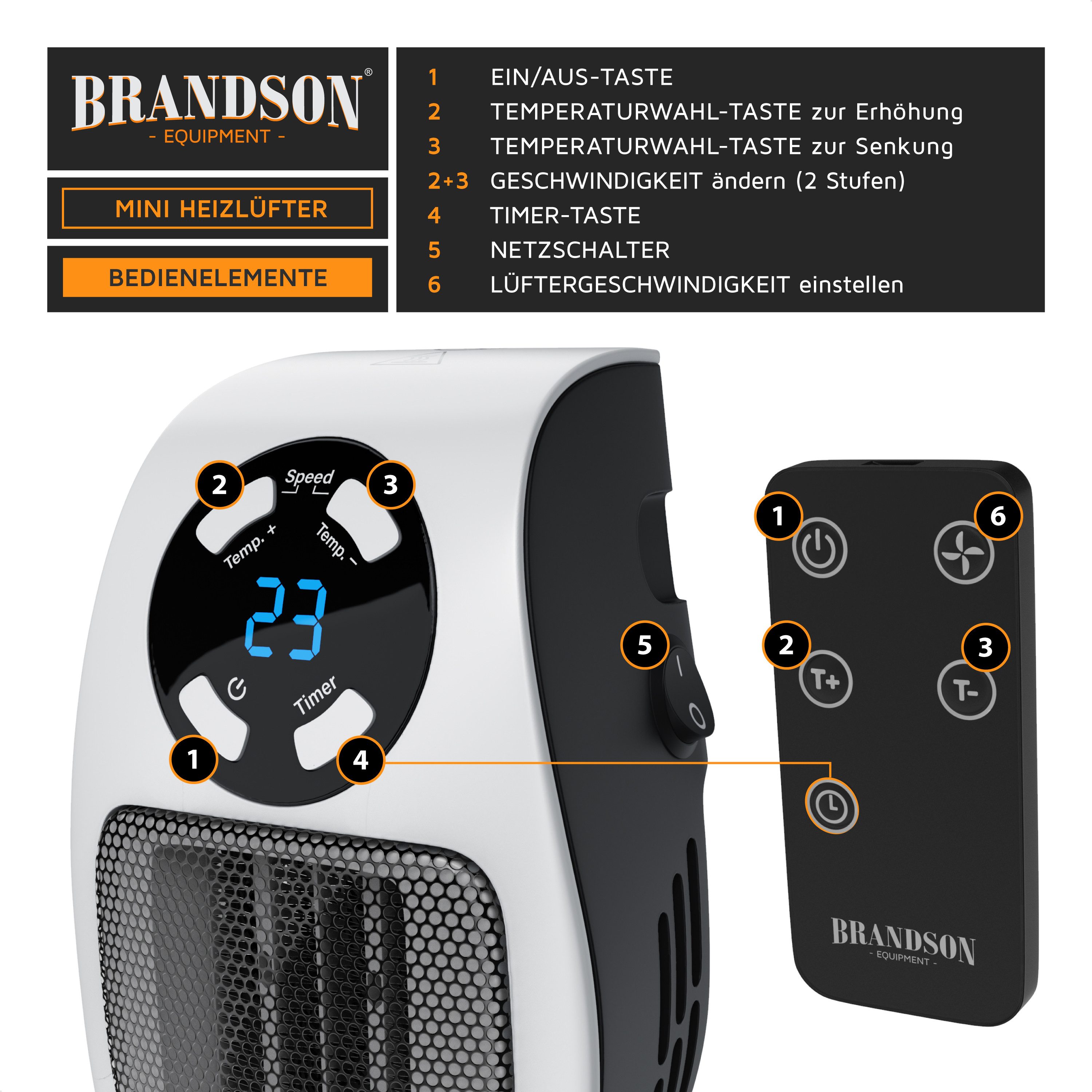 Brandson Keramikheizlüfter Steckdosen Mini Keramikheizgerät mit Temperaturregelung, Fernbedienung, 500 W, energiesparend, Mini Heizung, Thermostat, Timer, für B – Bild 3 von 5
