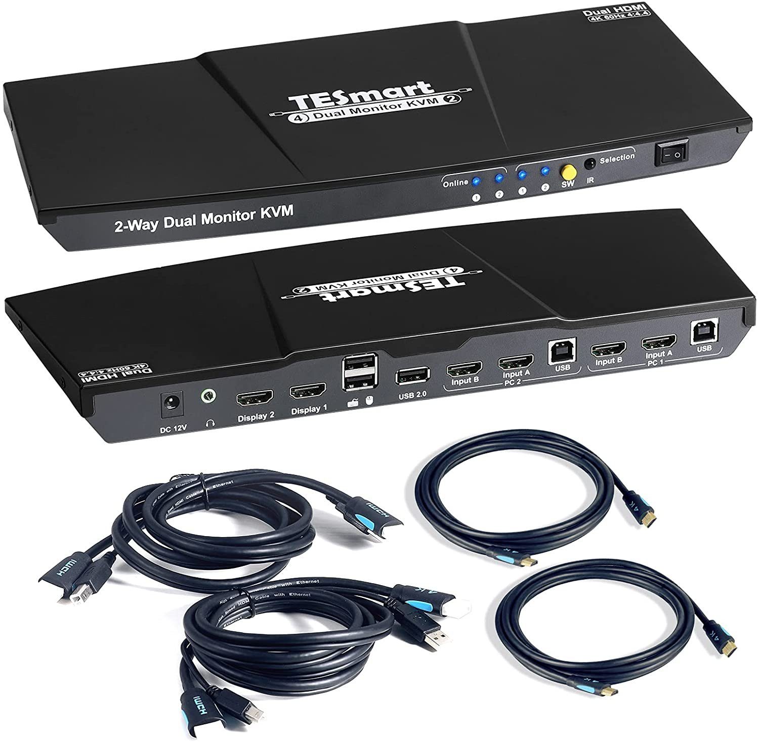 TESmart Dual Monitor 2x2 HDMI 2 Port KVM Switch 4K@60Hz 4:4:4 Ultra HD 2 PC  2 Monitor Switch mit zusätzlichem USB 2.0 Port&L/R Audioausgang  einschließlich 2 STK. 1,5 m KVM-Kabel-Mattschwarz HKS0402A1U  Computer-Adapter