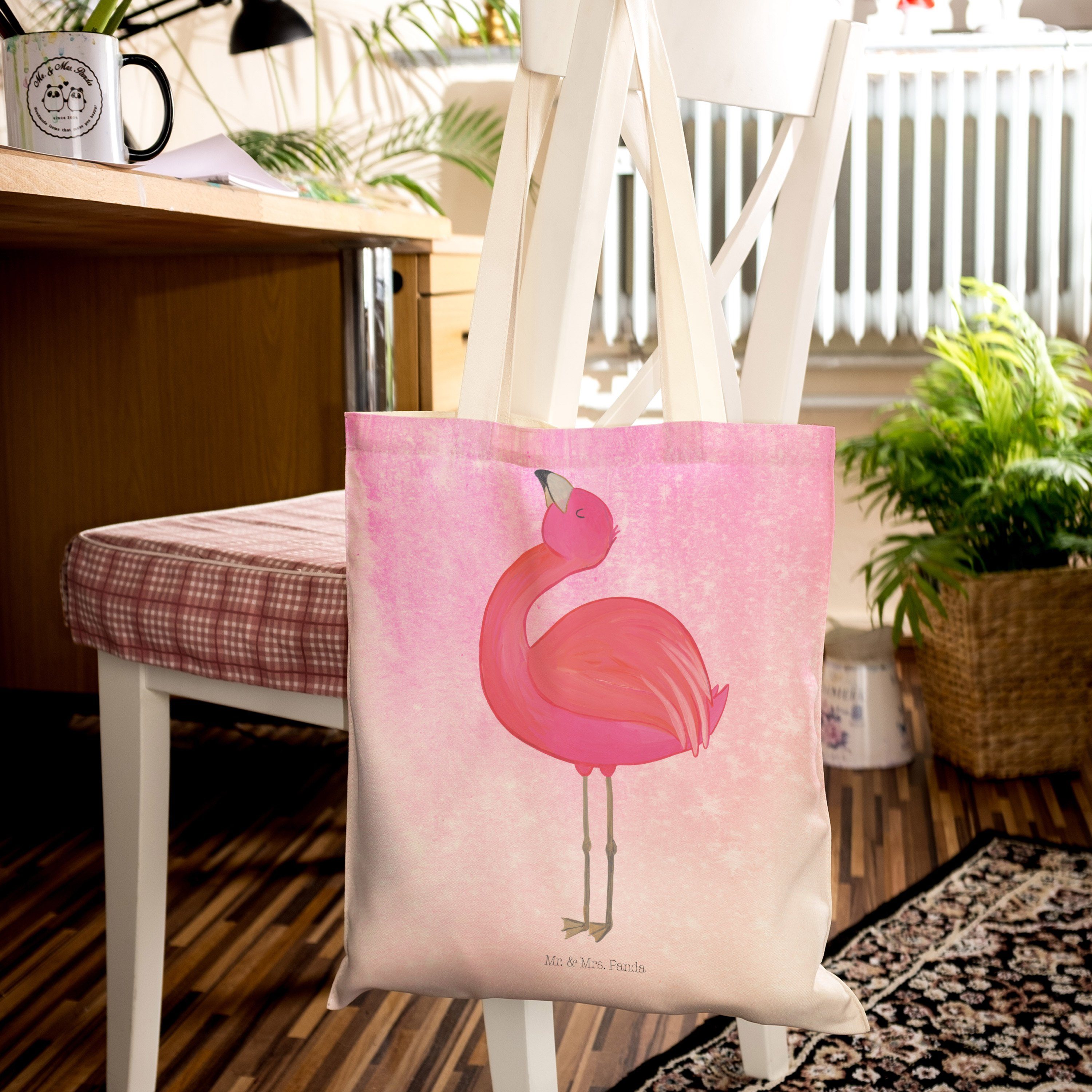 Mr. & Mrs. Panda - Tragetasche Pink Tragetasche, Aquarell Geschenk, zu Flamingo stolz (1-tlg) - glücklich