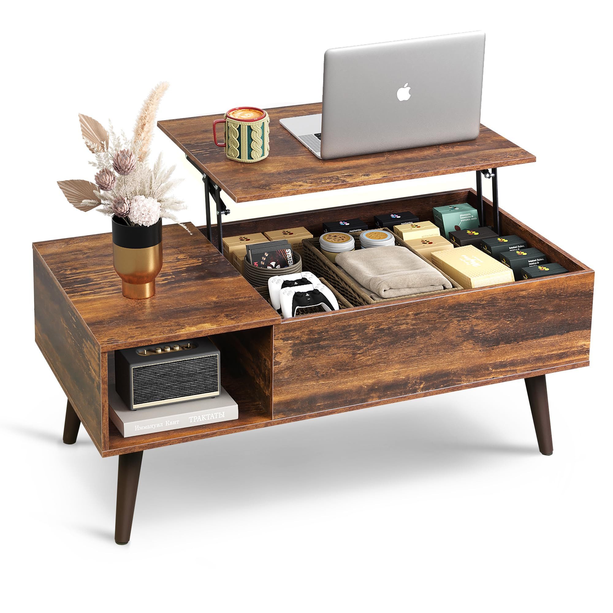 WLIVE Couchtisch Höhenverstellbarer Couchtisch mit Stauraum, (Wohnzimmertisch mit Ausziehbar Platte & offene Fächer, Lift-Top-Design, Holzoptik & Metallrahmen), multifunktionaler Tisch, Rechteckiger Arbeitstisch für Wohnzimmer