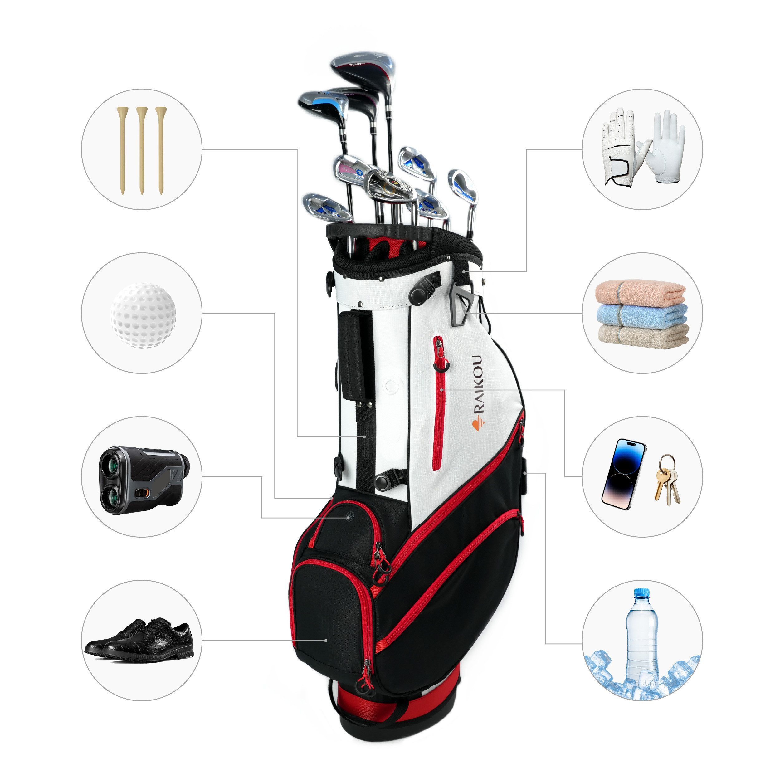 M-Diamant Golfballtasche Golfschlägertasche Standbag mit 14-fach wasserabweisende 10 Taschen (Packung, Einzelartikel), Schultergurt und Standmechanismus