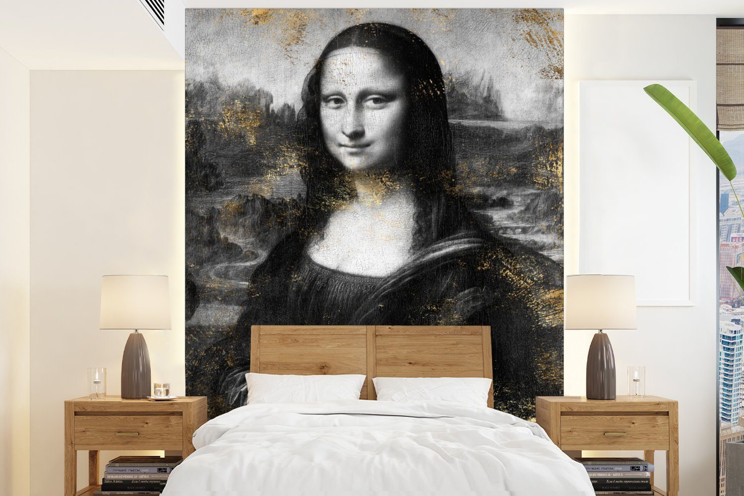 Tapete Matt, - St), Mona - Montagefertig Gold, MuchoWow Fototapete für Lisa (4 Wohnzimmer, Vinci Vinyl da Leonardo bedruckt, Wandtapete