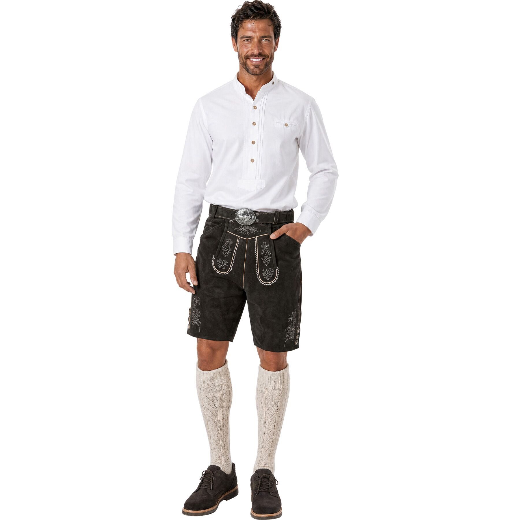 dressforfun Trachtenhose Klassische kurze Lederhose mit aufwendiger Stickerei, langlebig (Herrenhose Jannis, für Volksfeste in Schwarz) authentische Knochenknöp – Bild 4 von 5