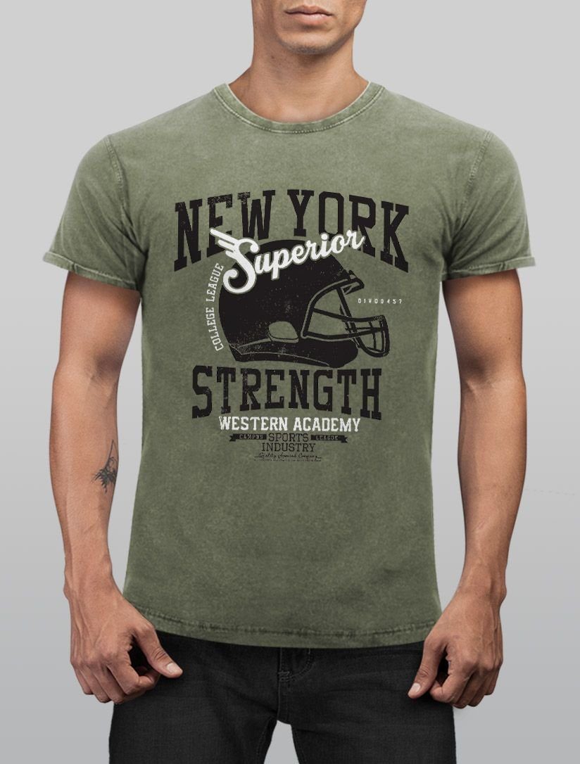 Slim Aufdruck Herren Football T-Shirt New York Look Shirt Helmet Used mit Neverless® Cooles oliv Angesagtes Print Neverless Vintage Print-Shirt Fit