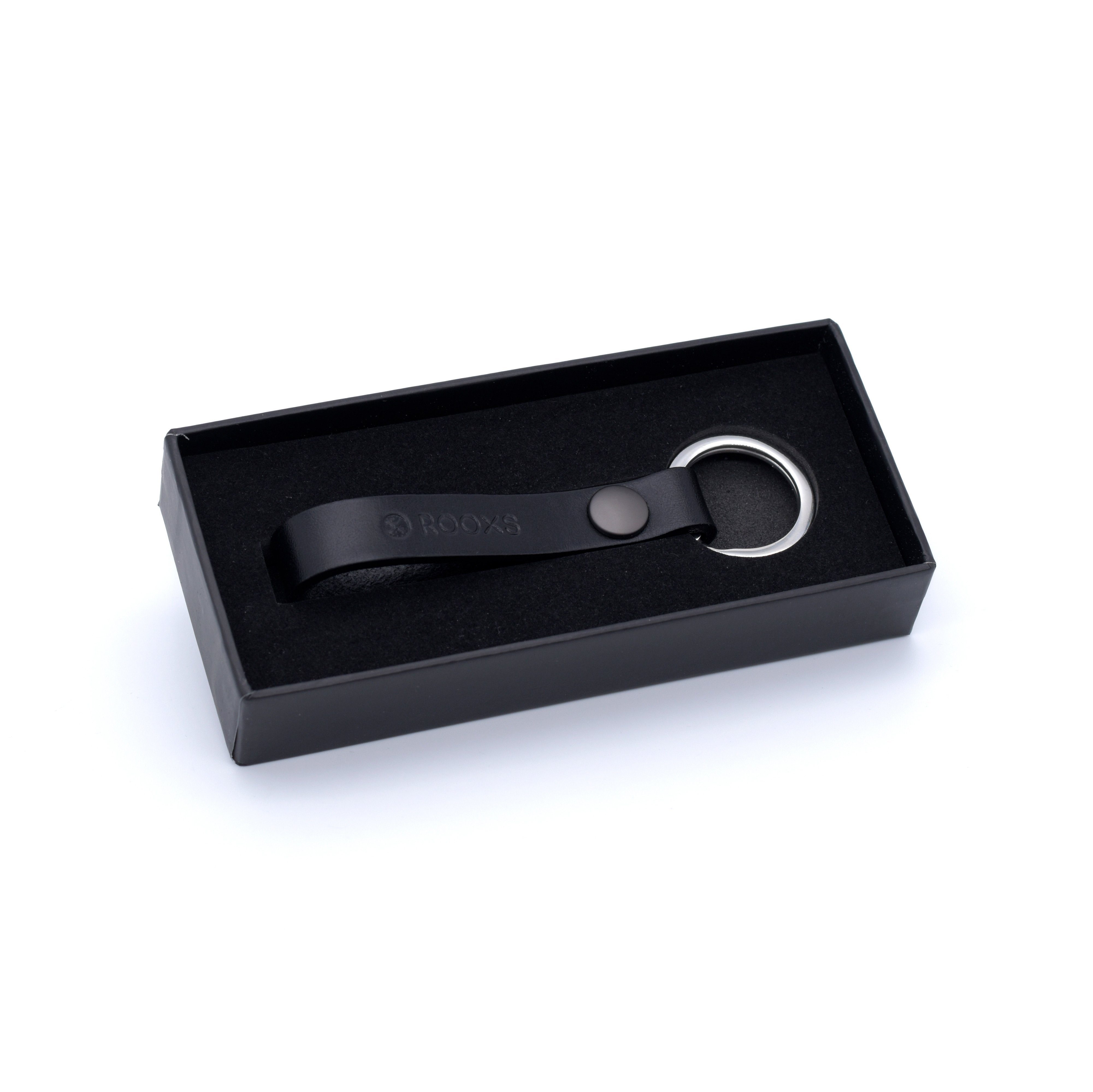 Leder ROOXS Schlüsselband mit 100% Schlüsselanhänger Ring Echtleder aus Edelstahl Schwarz Lederanhänger,
