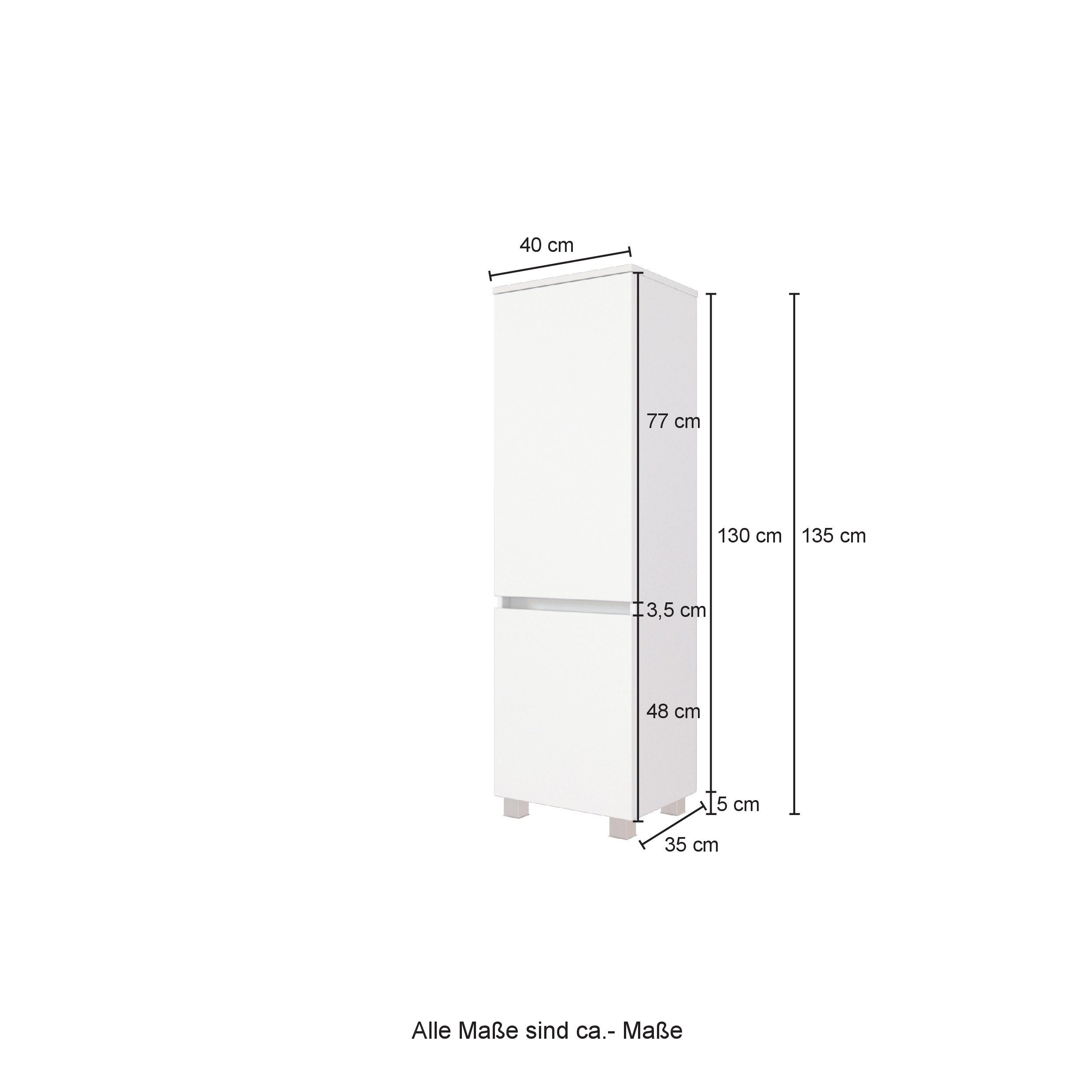 2 möbelando 35 Front MDF in Türen cm. Kopenhagen Tiefe aus Weiß, Einlegeböden, cm, in Midischrank, aus Höhe 130 Korpus Spanplatte Moderner Breite 3 Matt Midischrank Wotaneiche, melaminharzbeschichteter 40, und mit