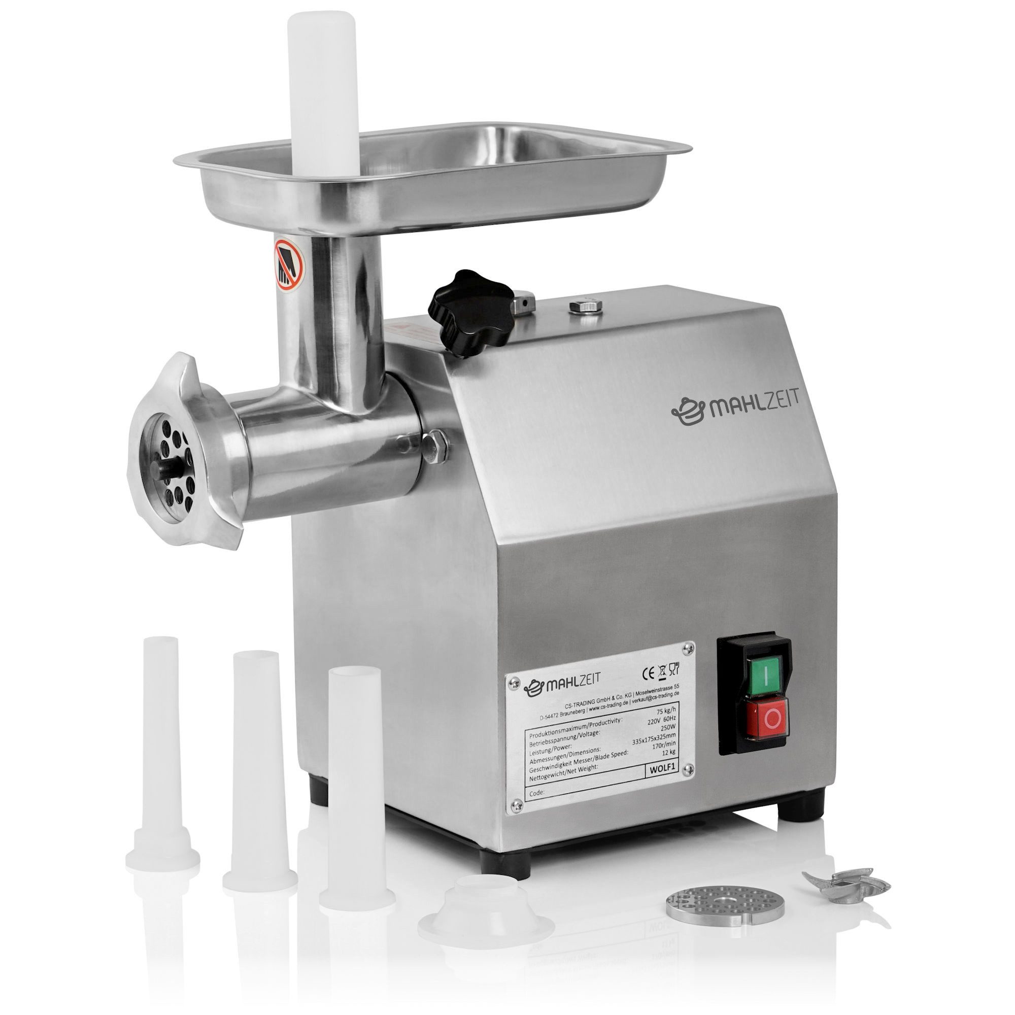 Mahlzeit Fleischwolf Profi Edelstahl Fleischwolf elektrisch, 250W - 75kg/h, Wurstfüller, 250 W