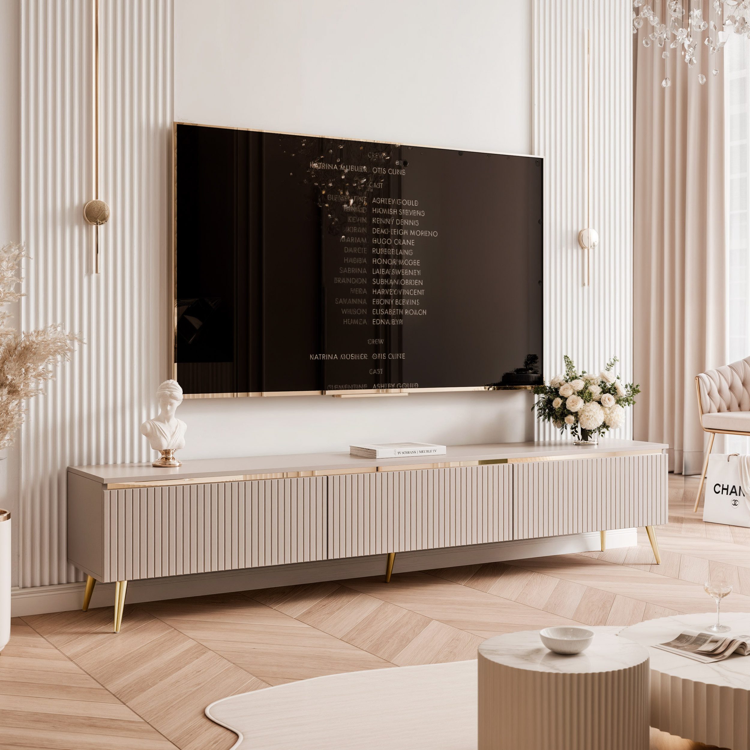 yourhouse24 Lowboard TV SELIA 200 in Kaschmir auf Füßen – 3D-Riffelung & Gold – Bild 3 von 5