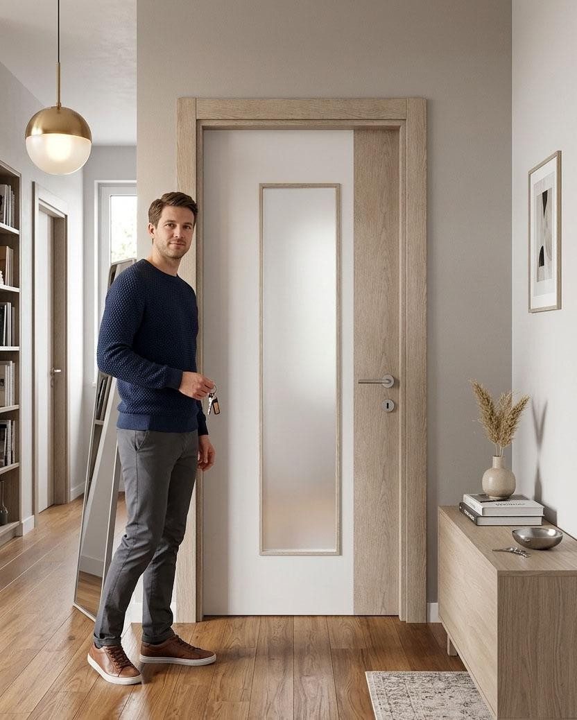 Xlmoebel Zimmertür Moderne weiße Holztür mit Milchglas für stilvolle Räume, Made in Europa