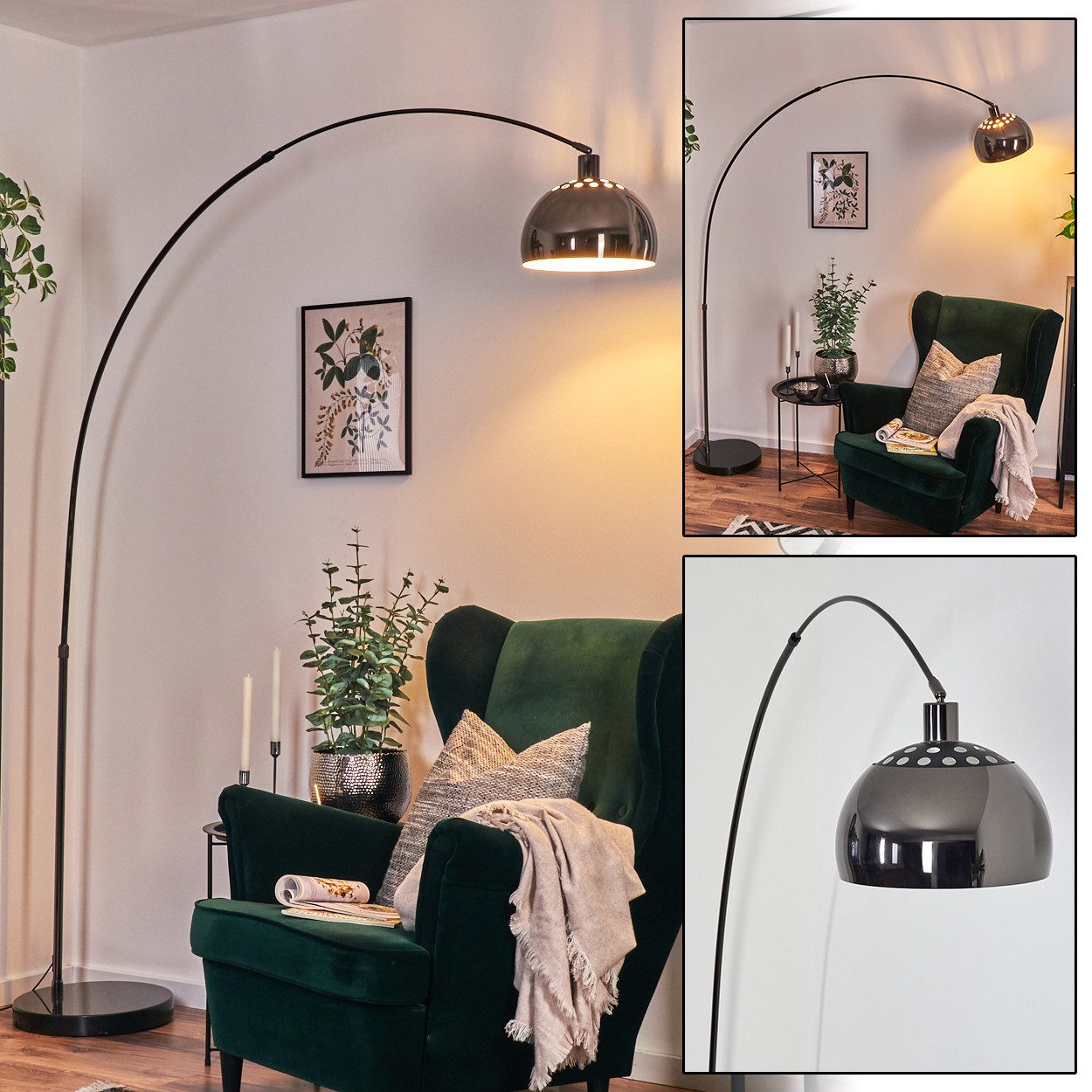 Bogenlampe Stehlampe aus Metall mit Marmorfuß in Schwarz/Chromfarben/Weiß