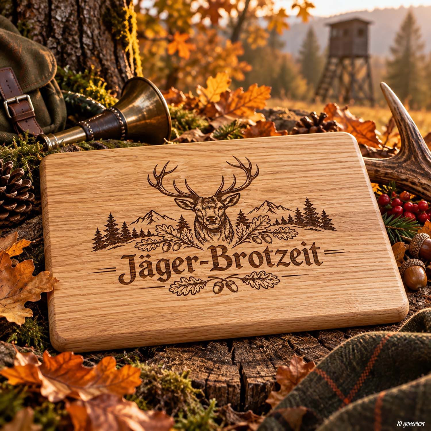 Camolo Frühstücksbrett Jäger-Brotzeit Brett aus Eiche mit Hirsch Gravur 30 x 20 cm – Bild 3 von 5