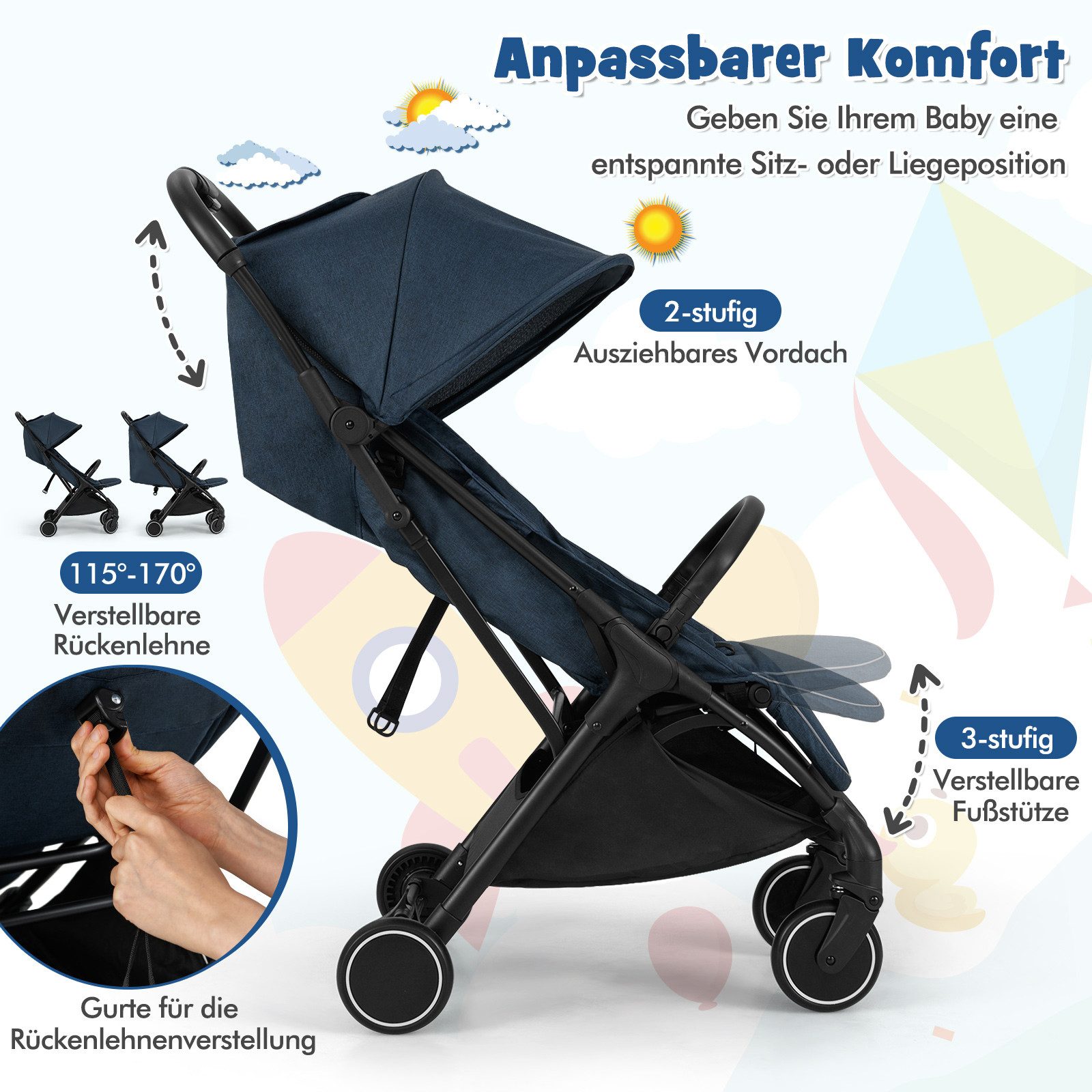 COSTWAY Kinder-Buggy, Kinderwagen klappbar, Reisebuggy, mit Liegefunktion