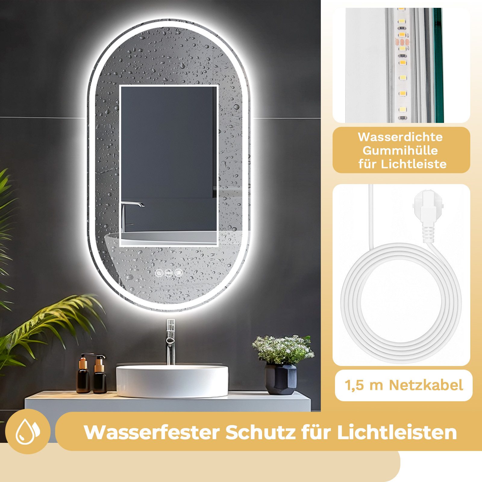 Yorbay Badspiegel groß mit Beleuchtung, LED Knopfschalter, Antibeschlag, Oval Design, 80x50CM, Ohne Rahmen – Bild 5 von 5