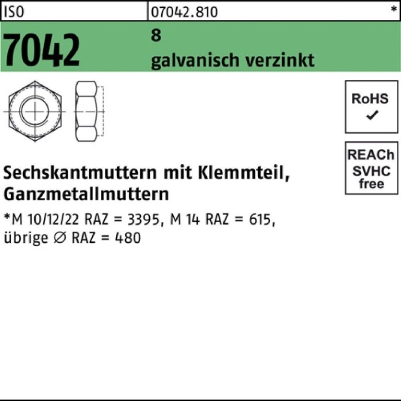 100 Pack M5 100er galv.verz. Klemmteil Stü 7042 Sechskantmutter 8 Muttern ISO Reyher