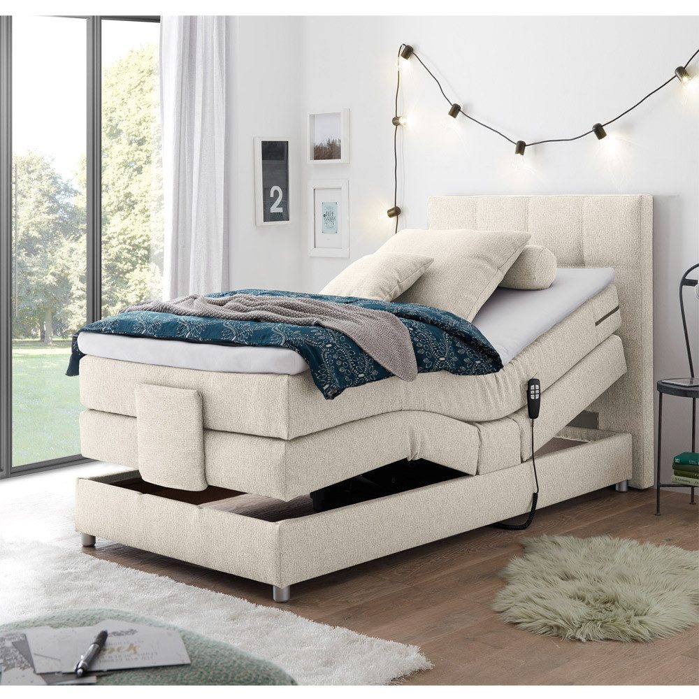 Lomadox Boxspringbett MANAUS-09, in Ivory Creme, Härtegrad H2, 120x200cm, elektrisch verstellbar