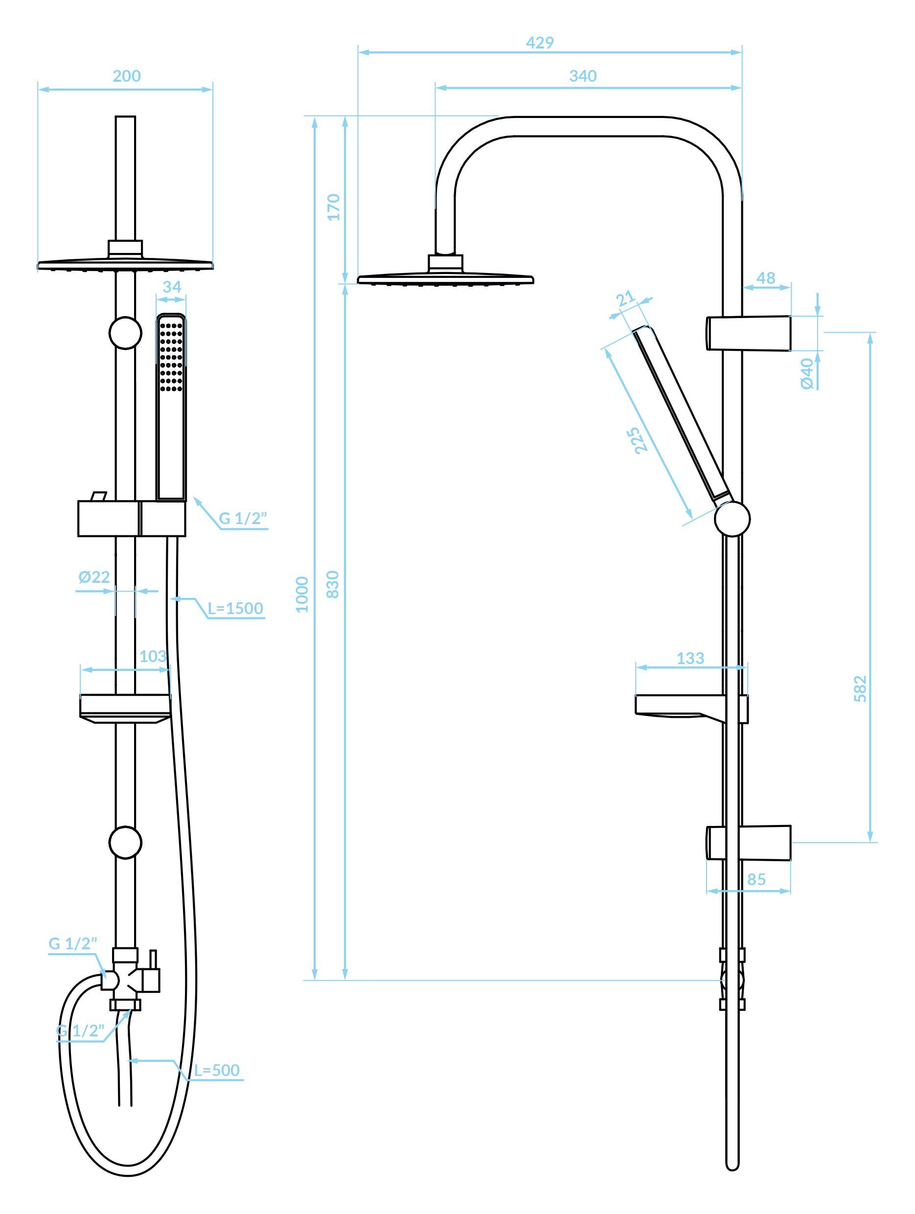 Thumbnail - KOLMAN Duschsystem Regendusche set Handbrause ARES, Höhe 100 cm, in Schwarz