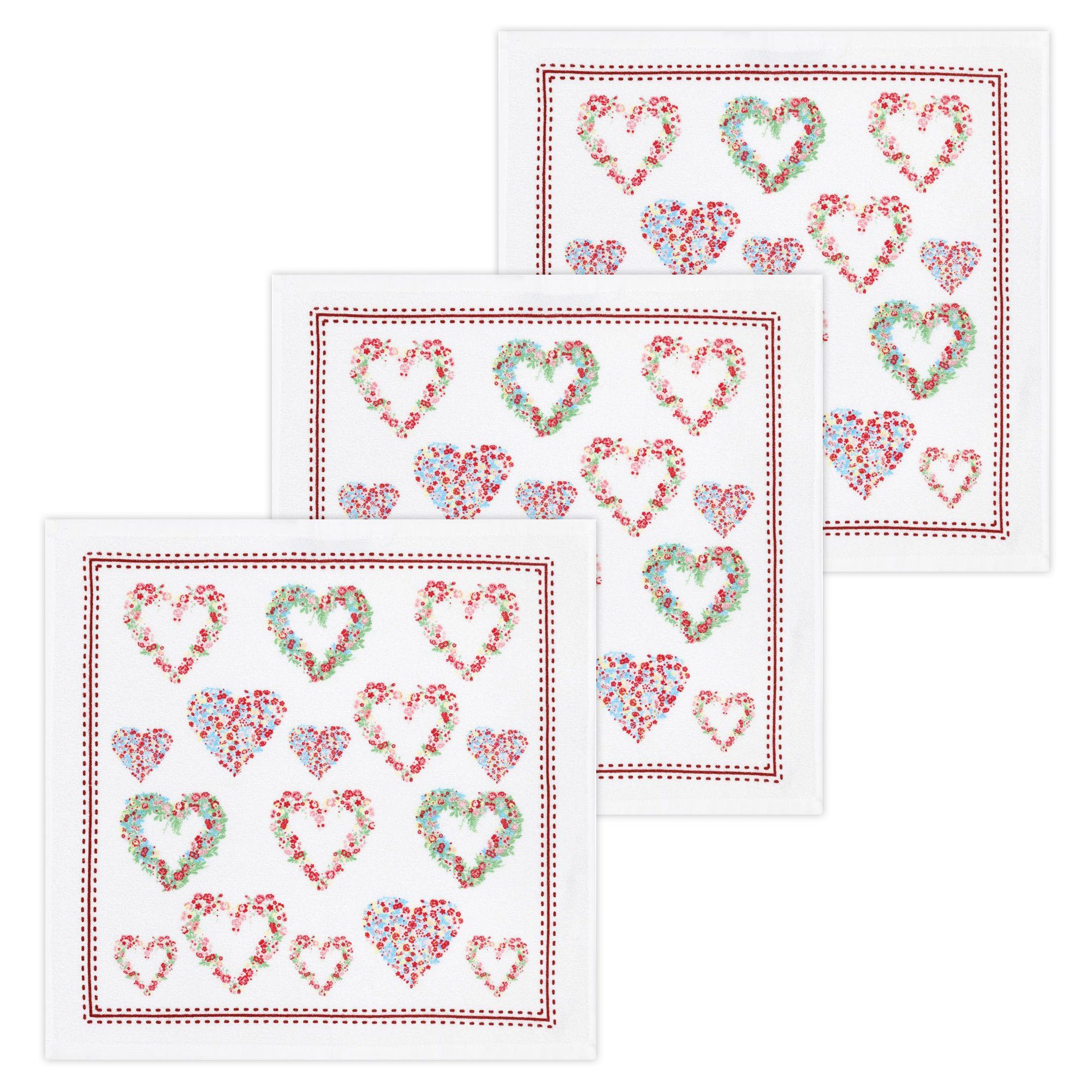Kracht Geschirrtuch Blumenherzen, (Set, 3-tlg., Set), 3er Pack Frottee Küchenhandtücher (3 Stück), ca.50x50cm Baumwolle