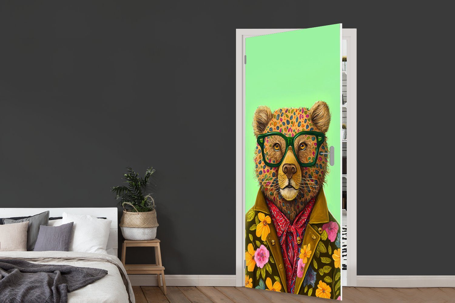 MuchoWow Türtapete Bär cm - (1 - Türaufkleber, Blumen, Brillen Fototapete Matt, 75x205 Tür, bedruckt, - - Farben Tier für St)