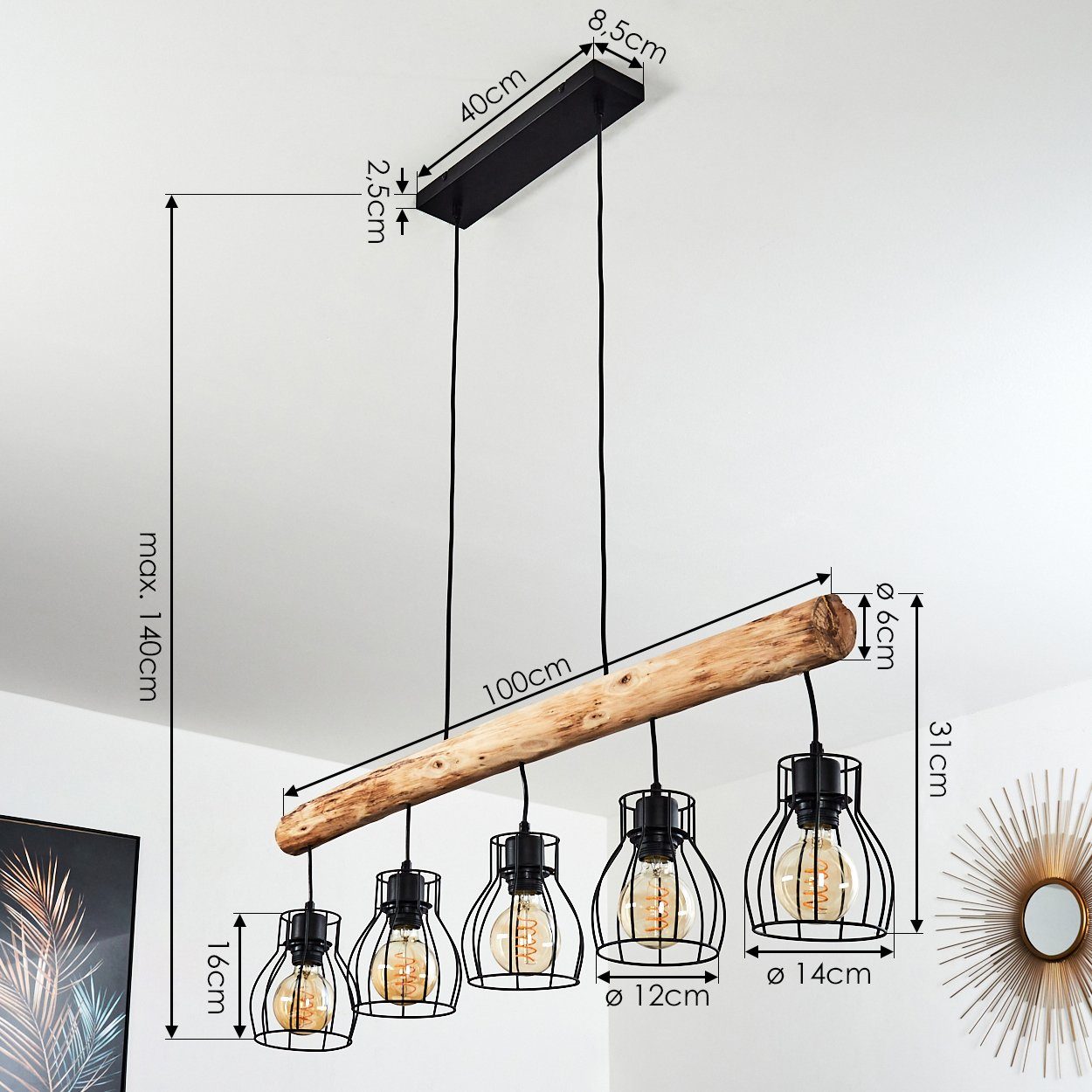 hofstein Pendelleuchte »Aprica« Hängelampe aus Metall/Holz in Schwarz/Braun, ohne Leuchtmittel, 5xE27, moderne