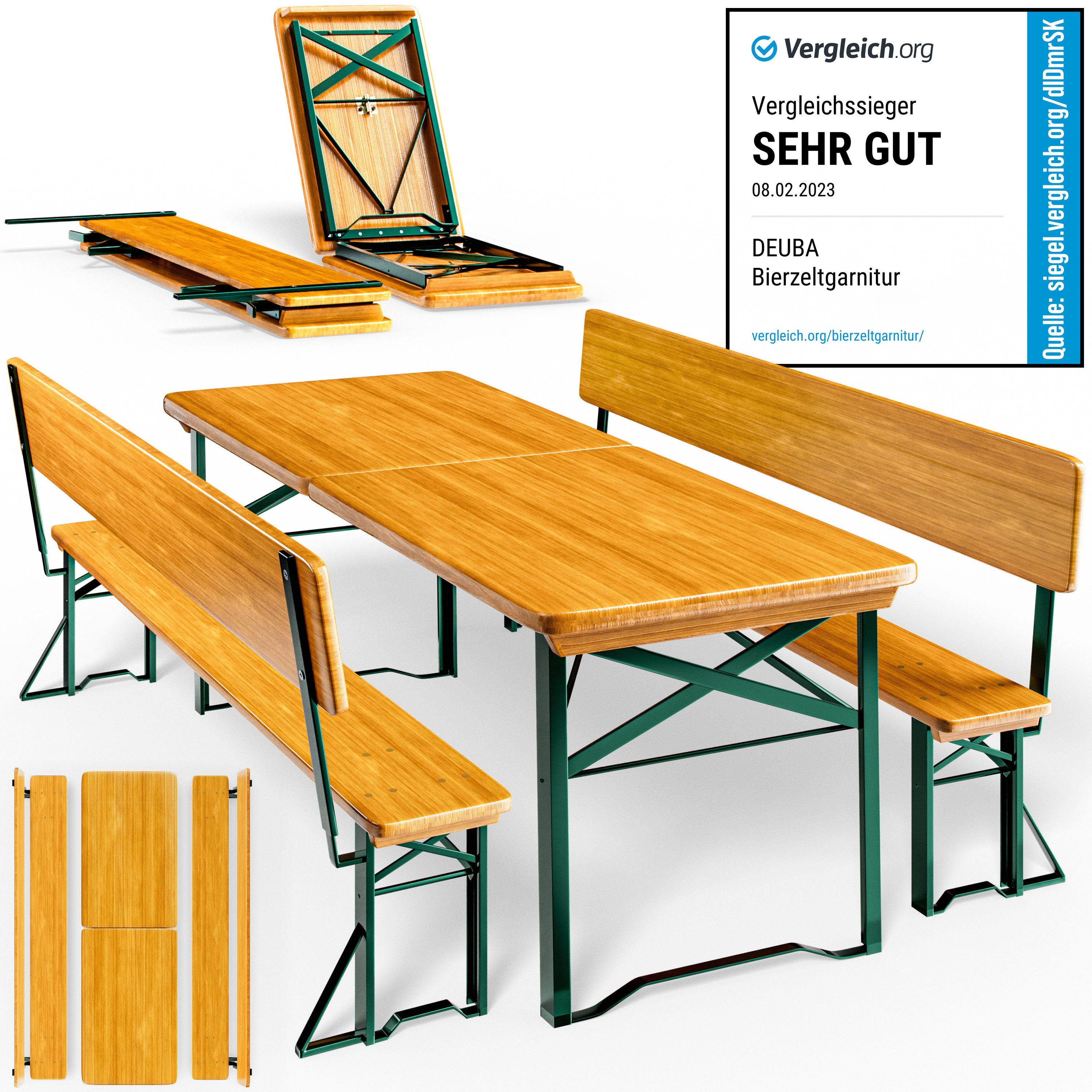Casaria Bierzeltgarnitur, (3-tlg), mit Lehne 170 cm Klappbar Stabil 2x Bierbank 1x Breiter Tisch Holz