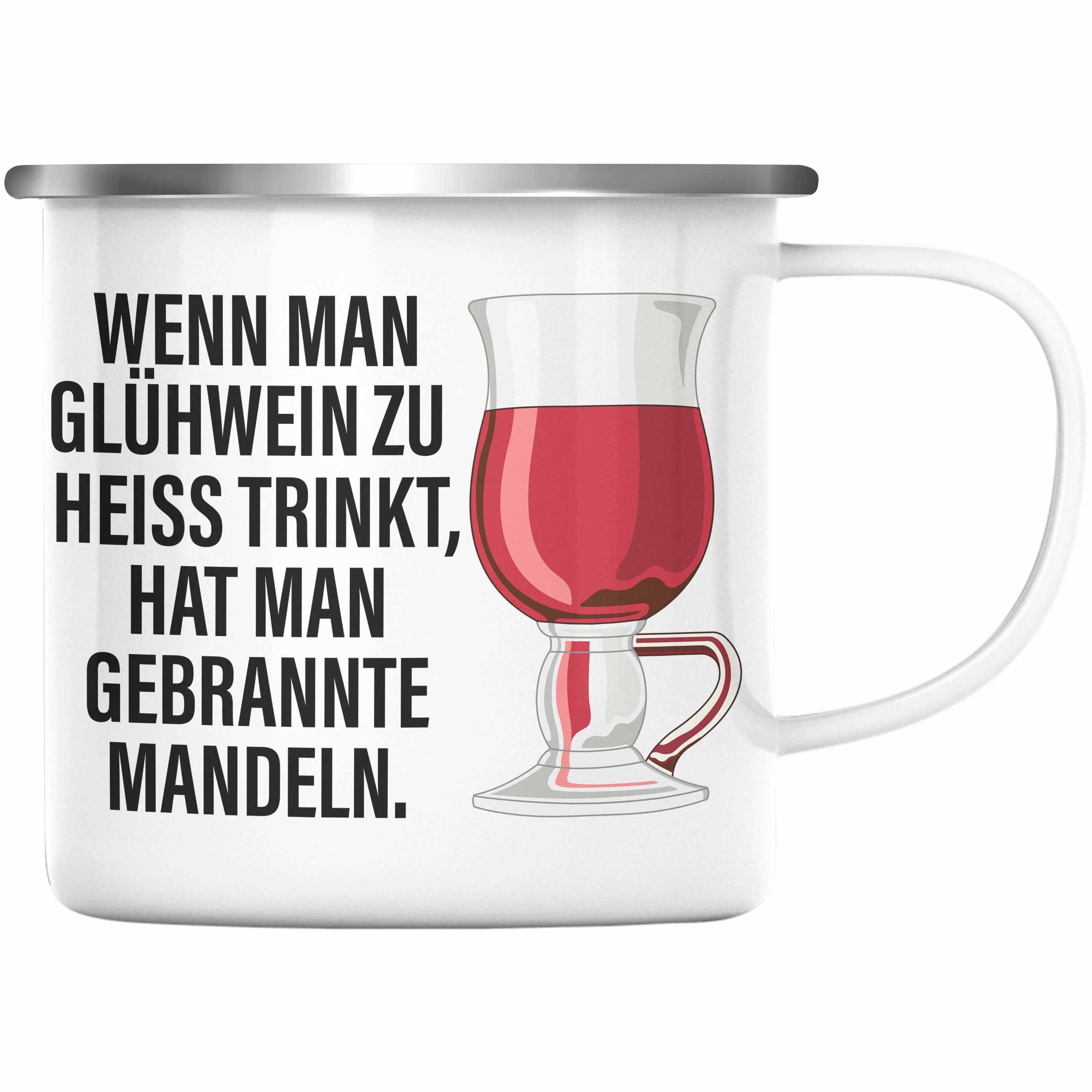 Trendation Thermotasse Trendation - Glühwein Emaille Tasse Lustig Spruch Glühweinbecher mit Henkel Doppelwandig GlühweinEmaille Tassen Gläser Weihnachtsmarkt Becher Emaille Tassen Geschenk - Gebrannte Mandeln Silber