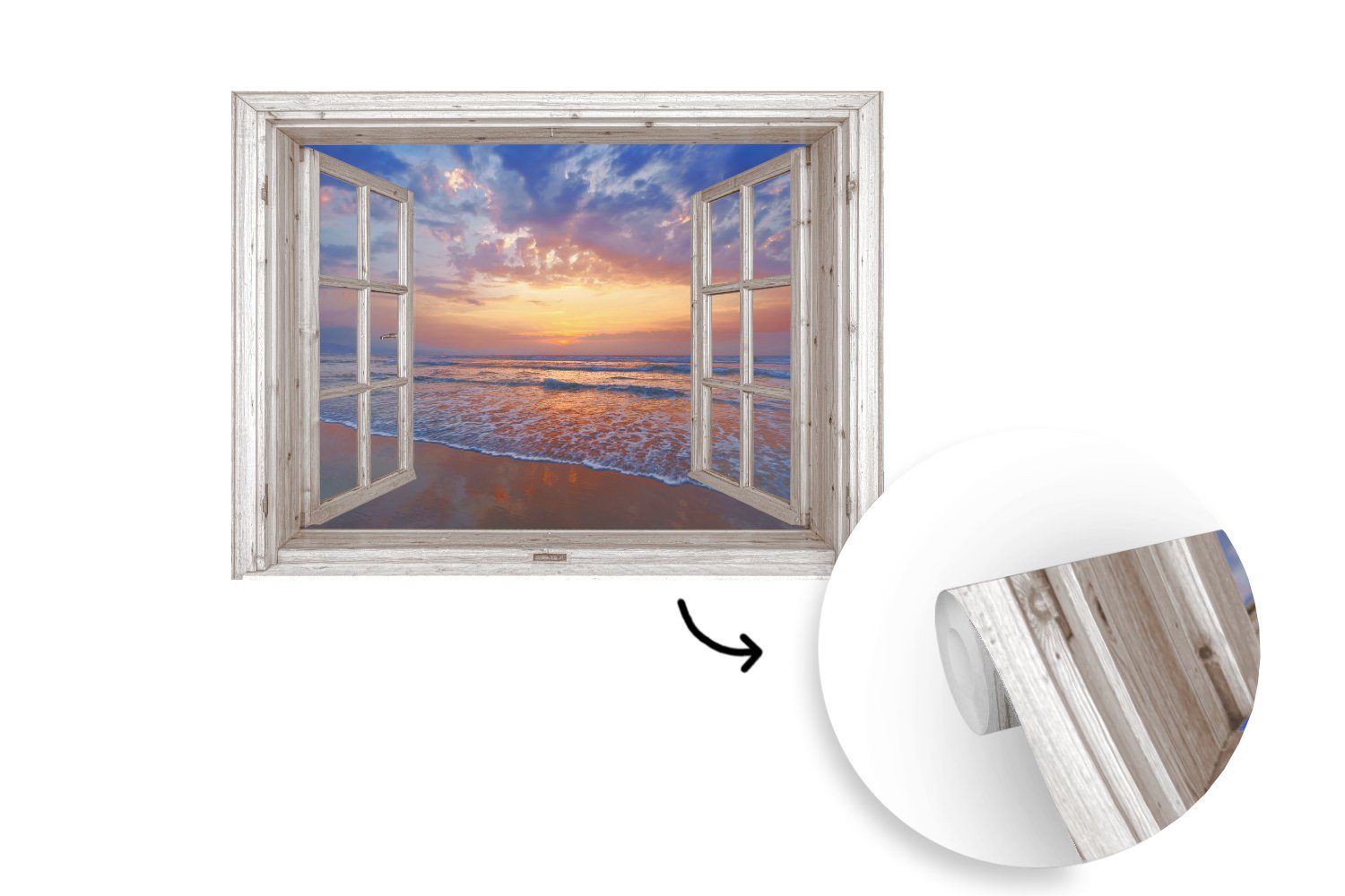 Tapete - Fototapete Wallpaper Matt, - für Meer St), (6 Sonnenuntergang Kinderzimmer, - Strand Wohnzimmer, MuchoWow bedruckt, Schlafzimmer, Aussicht - Vinyl Blau,