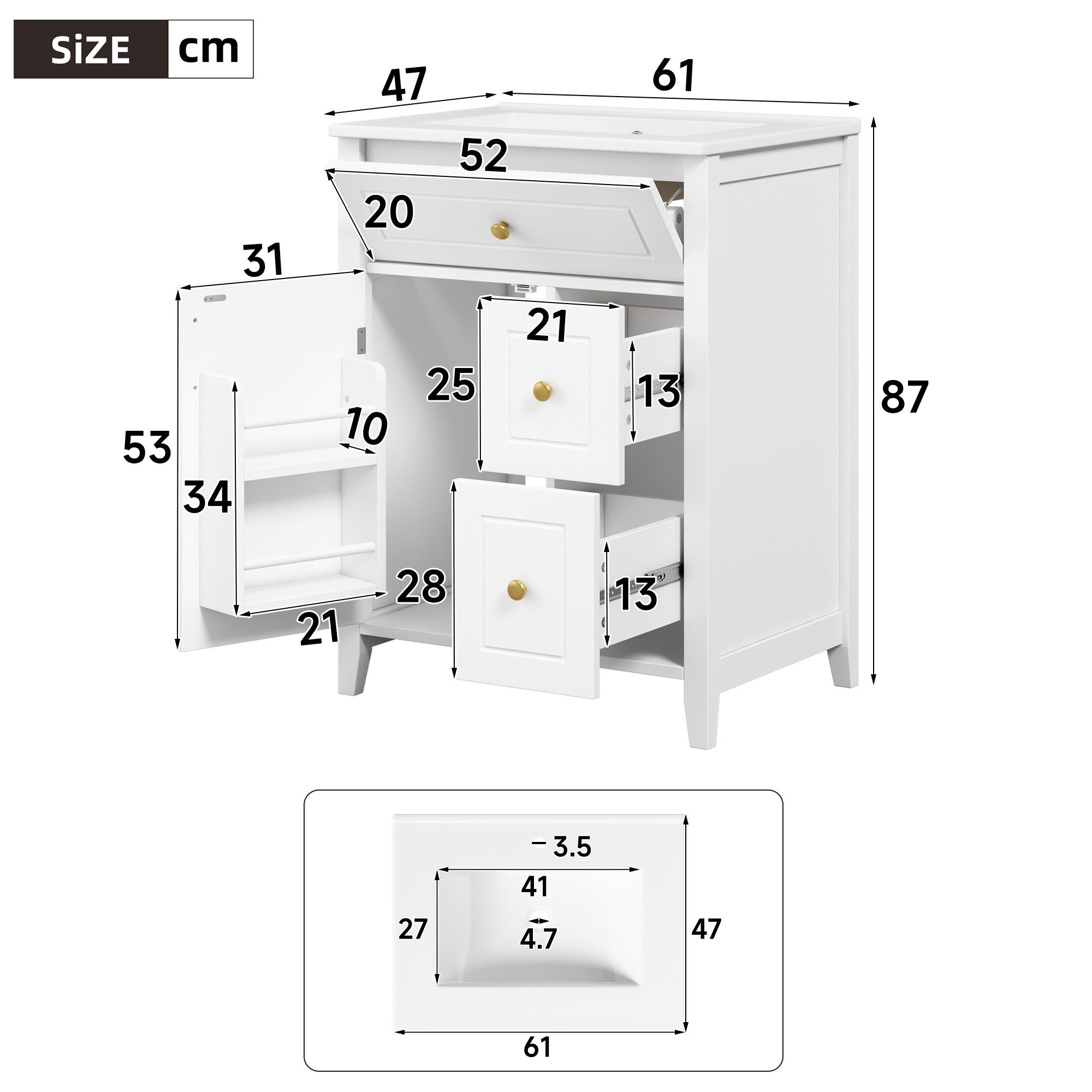 Flieks Waschtisch bodenstehender Waschbeckenunterschrank inkl. Keramik-Waschbecken (B61/T47/H87 cm, 1-St), Badezimmerschrank mit Soft-Close-Funktion Badmöbel We – Bild 5 von 5