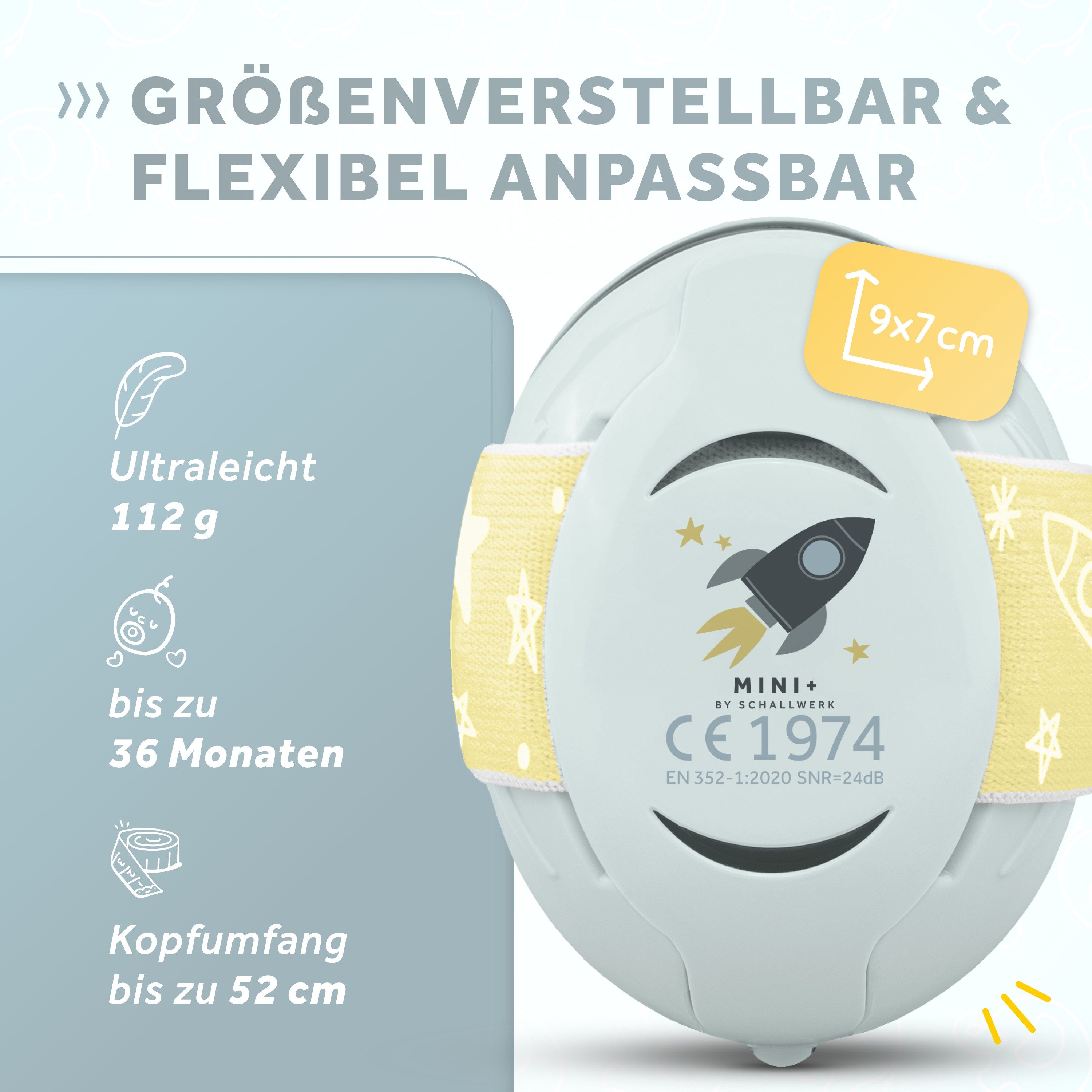 Schallwerk Kapselgehörschutz Mini+ Ohrenschützer für Kleinkinder - Gehörschutz Baby, (Kopfhörer Babys & Kleinkinder, Ohrenschutz für Babys mit verstellbaren Band), bis zu 52cm Kopfumfang