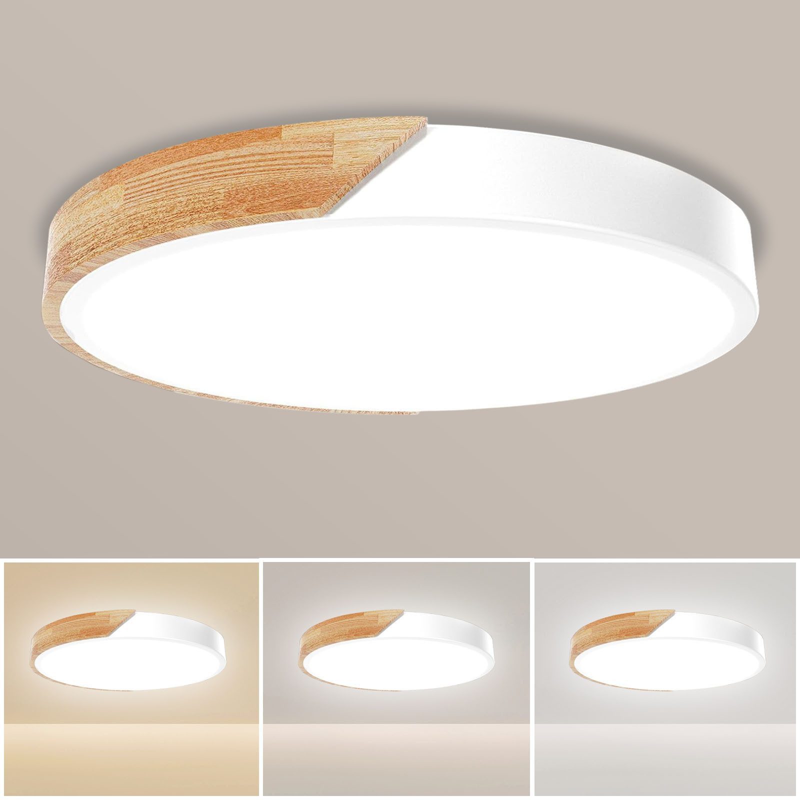 Ophy LED Deckenleuchte Runde LED Deckenleuchte (60 cm) – IP54, 3 Farbtemperaturen (3000/4000/6500 K), für Schlafzimmer, Wohnzimmer, Küche, Flur, Bad & Büro (Holz-Optik)