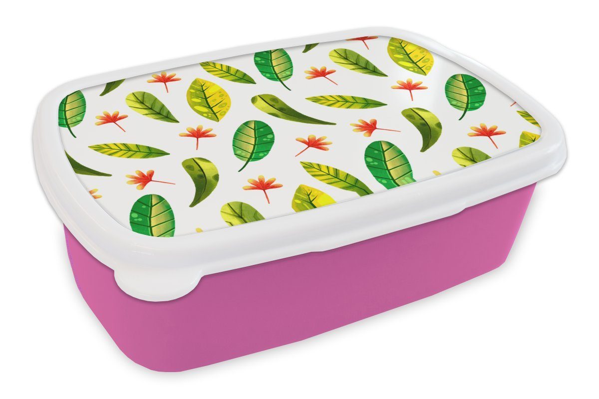 MuchoWow Lunchbox Dschungel - Blätter - Rot, Kunststoff, (2-tlg), Brotbox für Erwachsene, Brotdose Kinder, Snackbox, Mädchen, Kunststoff rosa | Lunchboxen