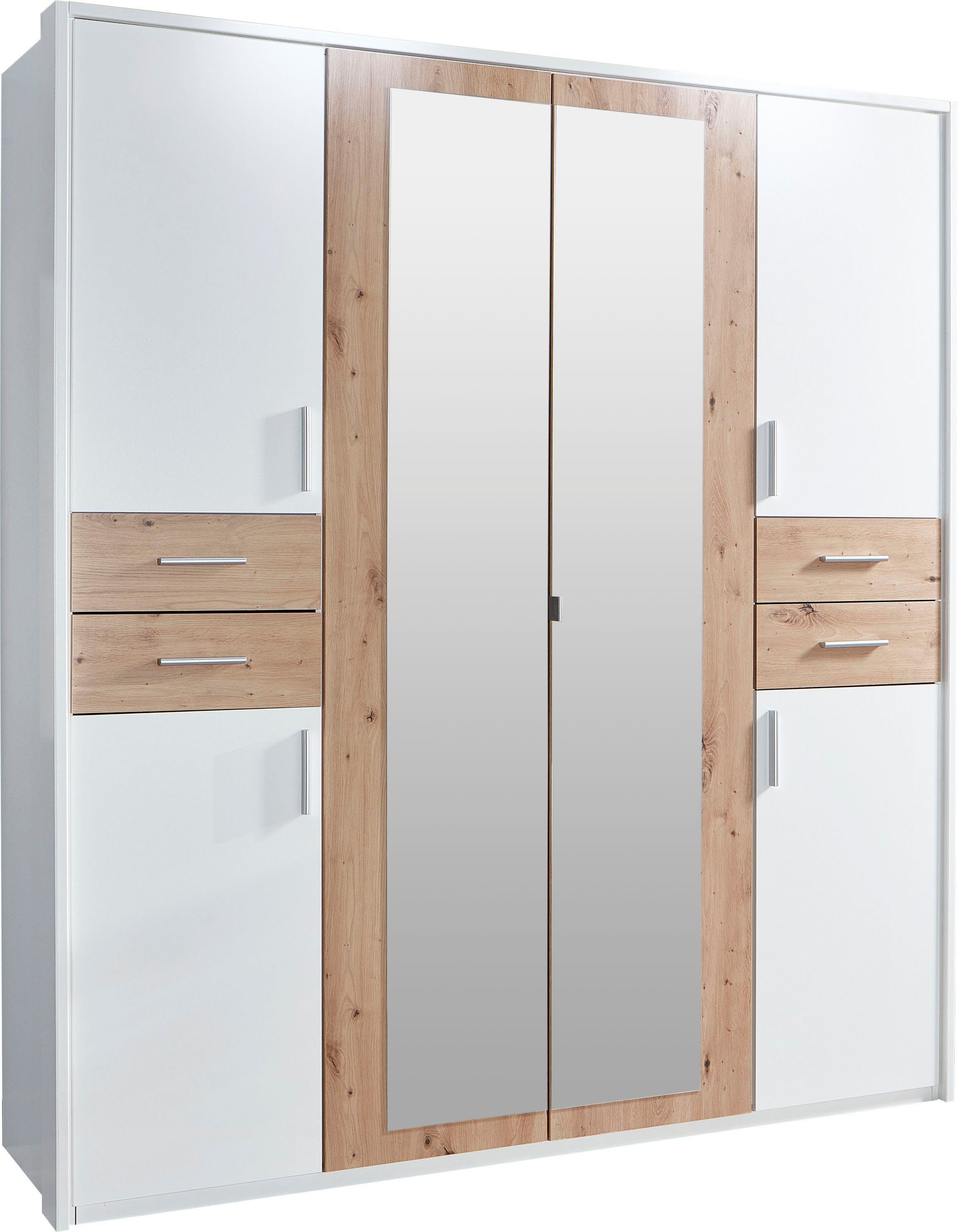 Vegas Weiß/Artisan Passepartout-Rahmen, und Drehtürenschrank Spiegeltüren mit Eiche Wimex Schubladen Nachbildung inklusive