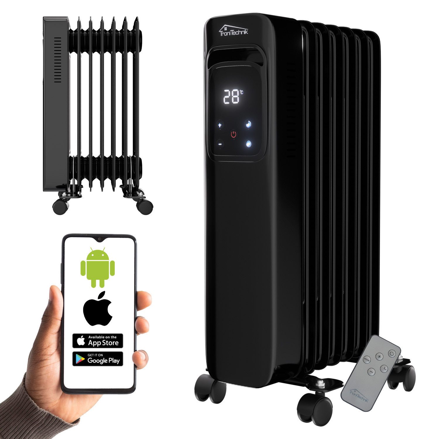 TroniTechnik Heizgerät Ölradiator in schwarz, mobile Elektroheizung 7 Rippen, 1500Watt, 1500 W, energiesparend, Elektroheizung, 1500 Watt, 3 Stufen