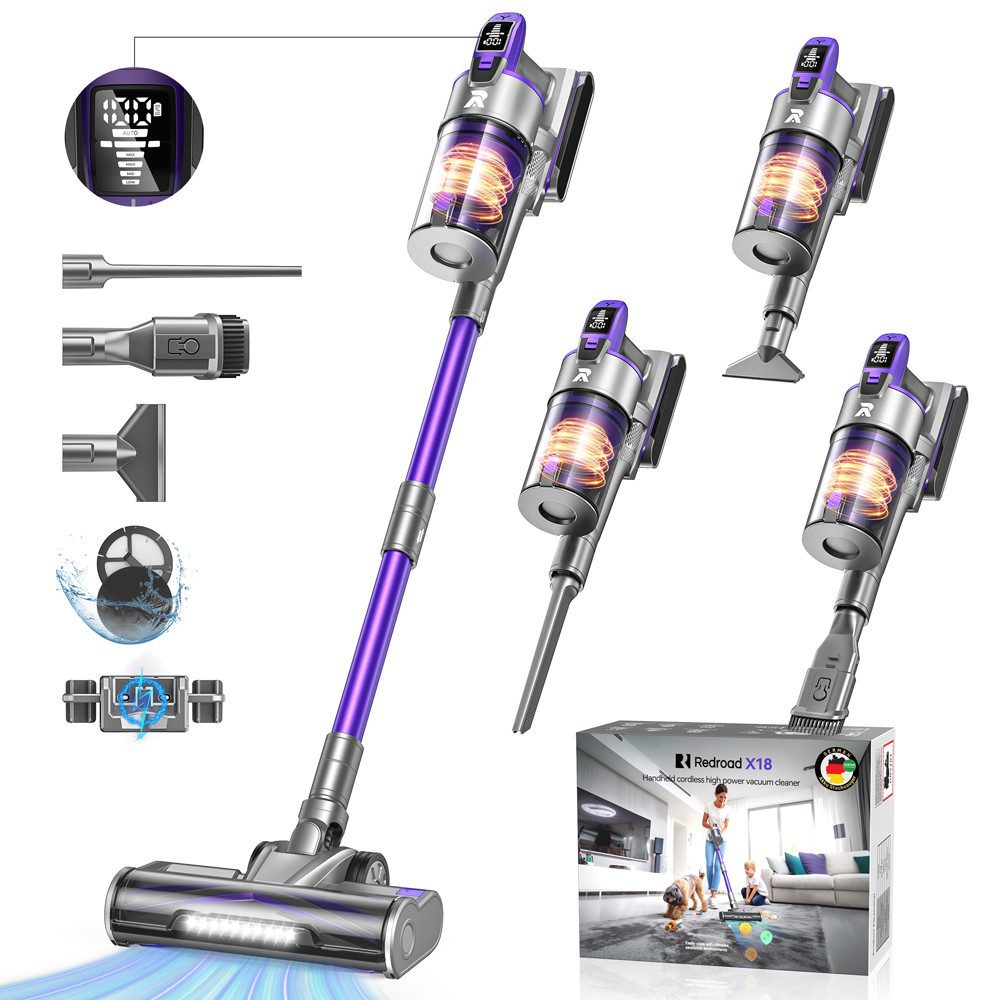 Redkey Hand-und Stielstaubsauger 2026 AkkuStaubsauger 85000Pa/500W/100 Akku-Hand-und Stielstaubsauger, 500 W, mit Beutel, Ultraleiser, kabelloser Stabstaubsauger mit intelligentem Display