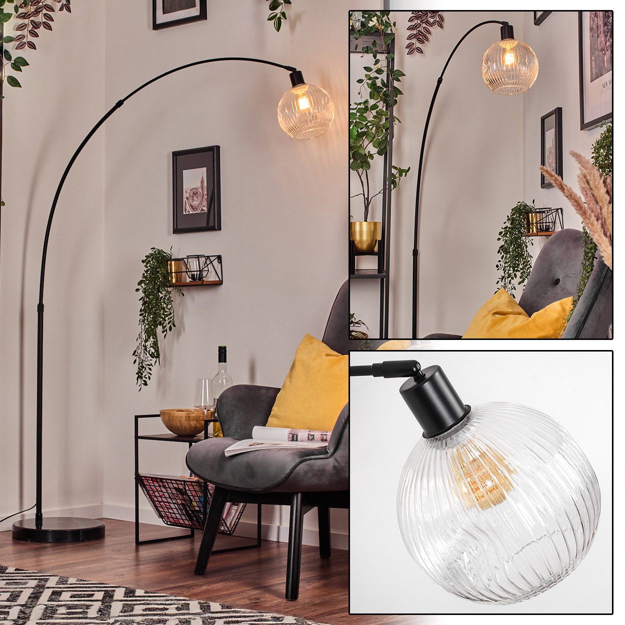 hofstein Bogenlampe Stehlampe aus Metall/Riffelglas in Schwarz/Klar mit Marmorfuß, verstellbare Leuchte im Vintage-Design (20 cm), Fußschalter, E27