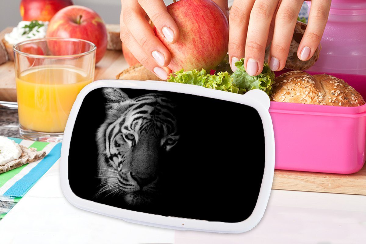 MuchoWow Lunchbox Tiger - Snackbox, (2-tlg), - Schwarz Mädchen, Kunststoff, Brotdose Wild Tiere Weiß, - Erwachsene, Brotbox Kunststoff für rosa Kinder, 